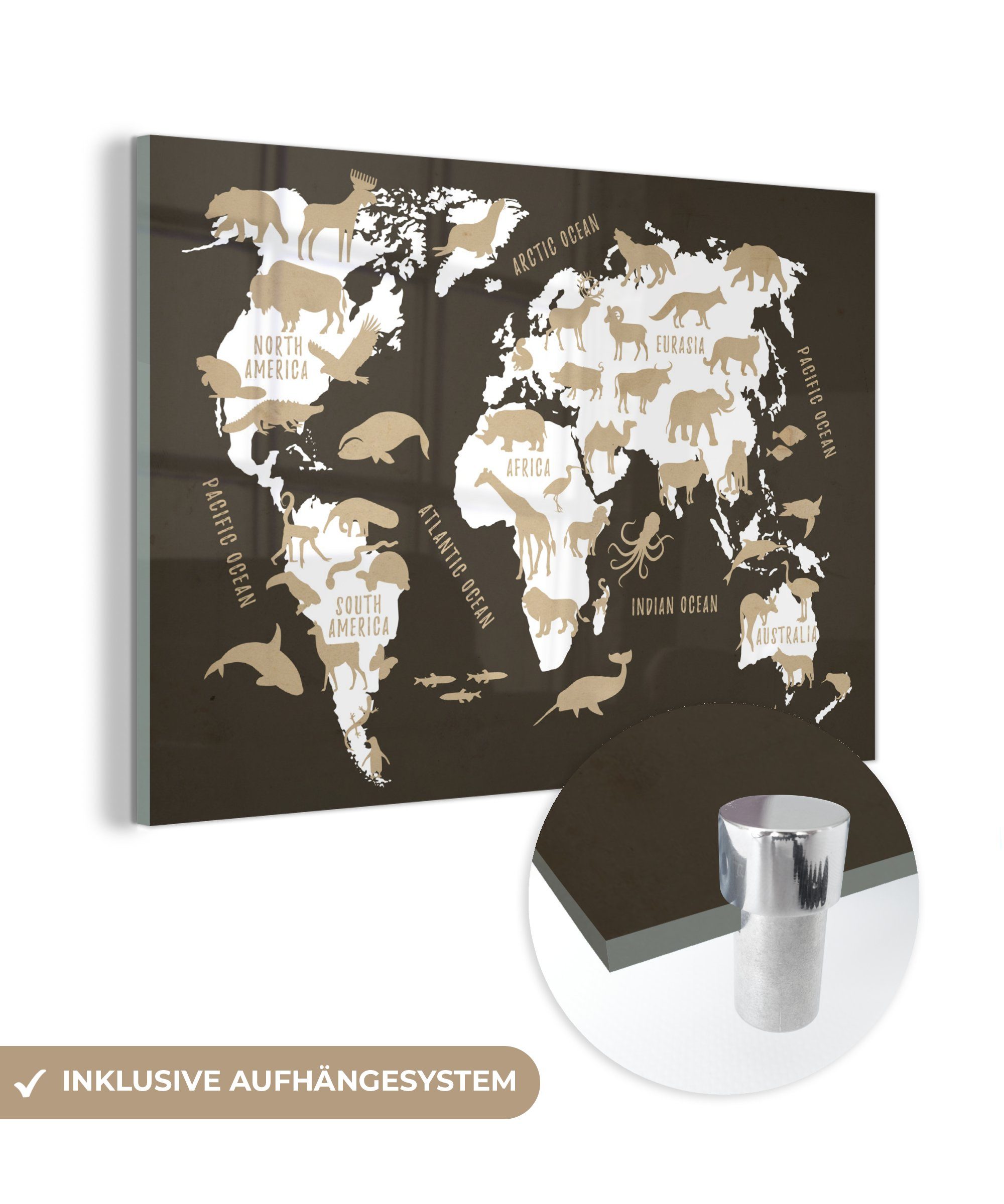 MuchoWow Acrylglasbild Weltkarte - Tiere - Beige, (1 St), Glasbilder - Bilder auf Glas Wandbild - Foto auf Glas - Wanddekoration | Bilder
