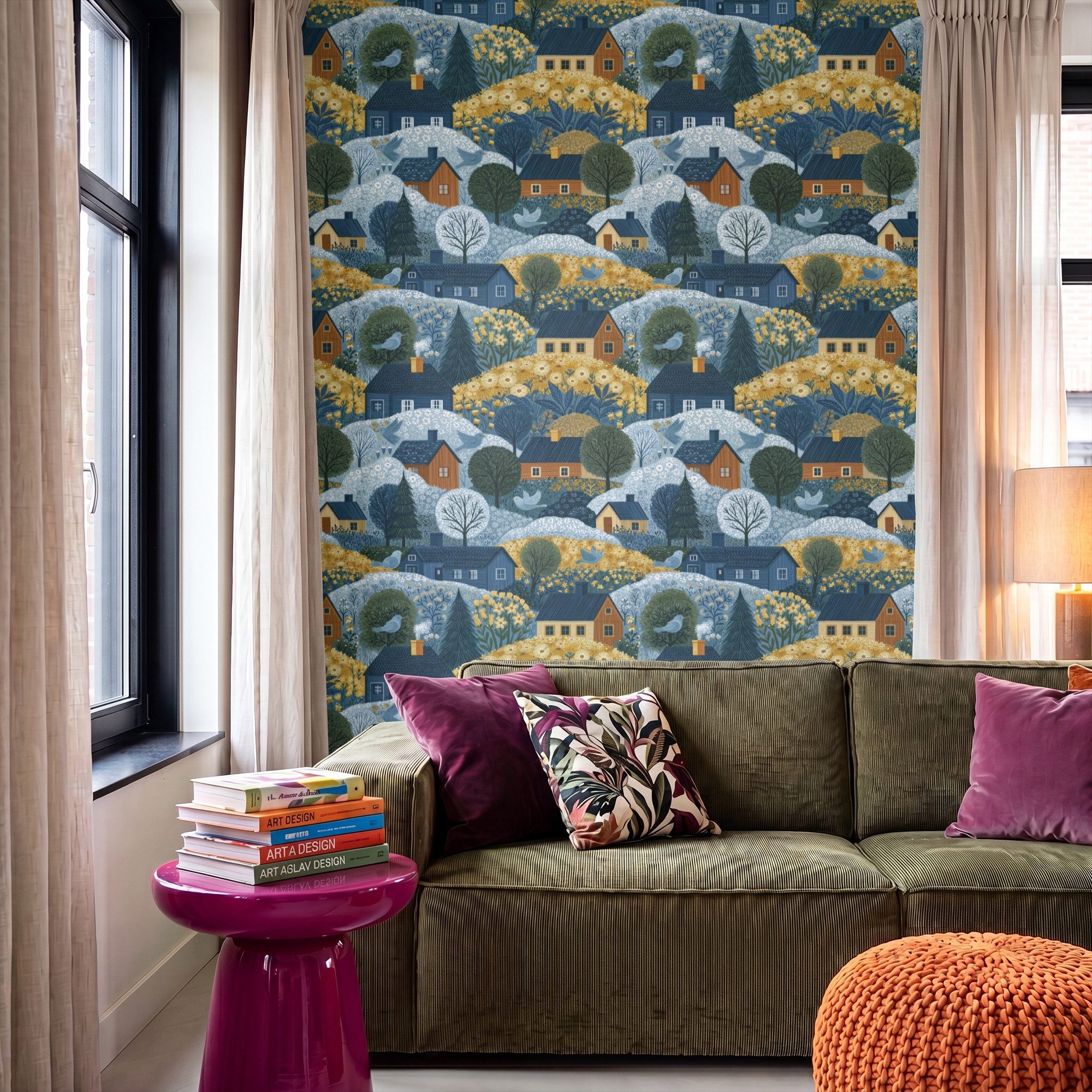 OnlyWow Fototapete Häuser - Blumen - Muster - Gelb - Blau, Matt, bedruckt, Wandtapete, Schlafzimmer, Modern, Vliestapete 140x200cm