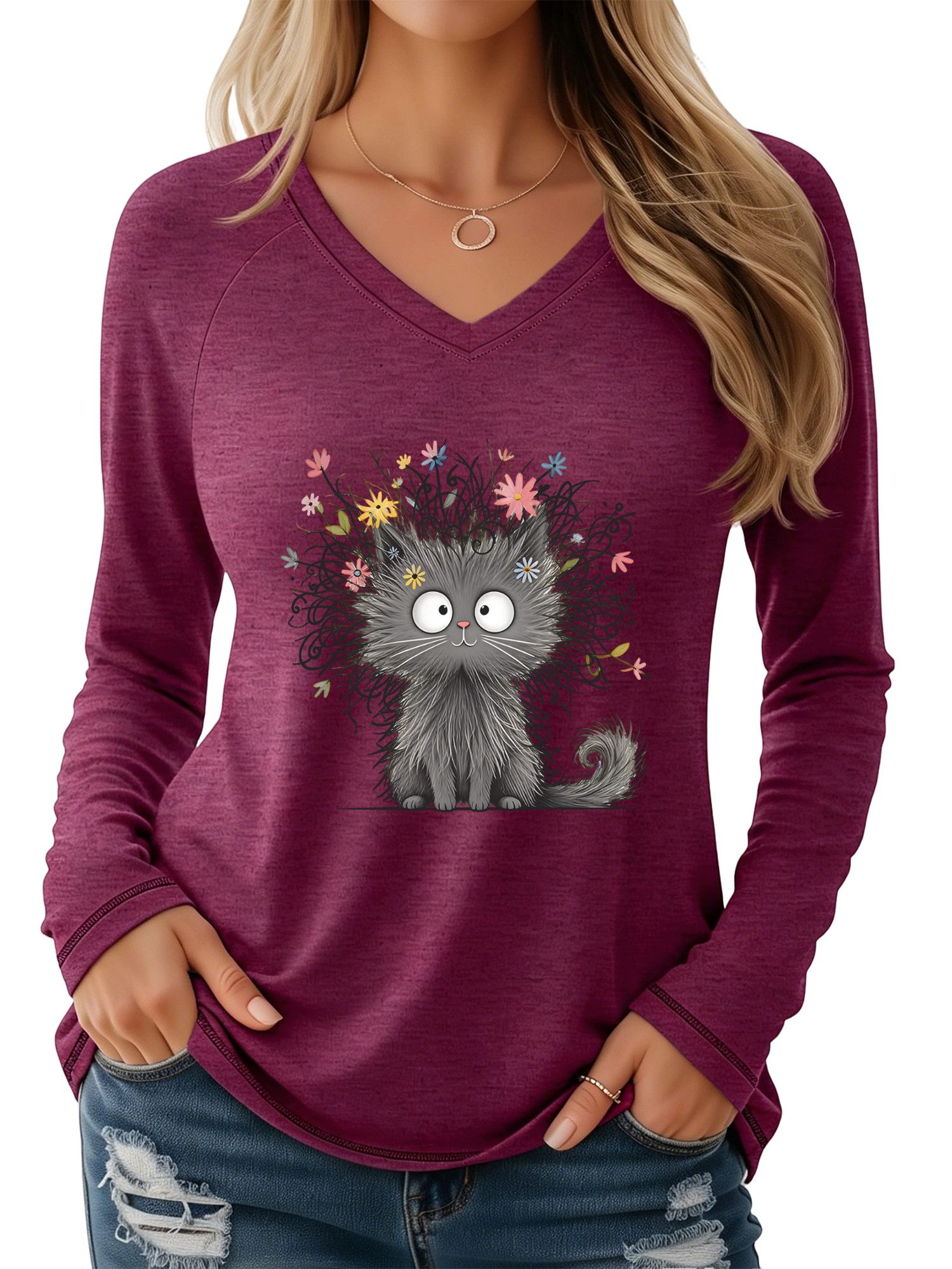 PYLIKE Print-Shirt Damen Herbst Casual Longsleeve Basic-Shirts mit Süße Katze