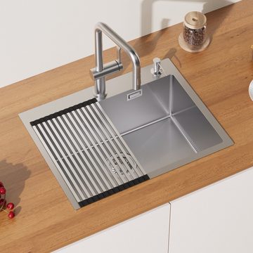 AuraLum pro Küchenspüle Edelstahlspüle Einbauspüle 58x45cm Spülbecken für ab 60cm Unterschrank, mit Abtropfmatte und Seifenspender