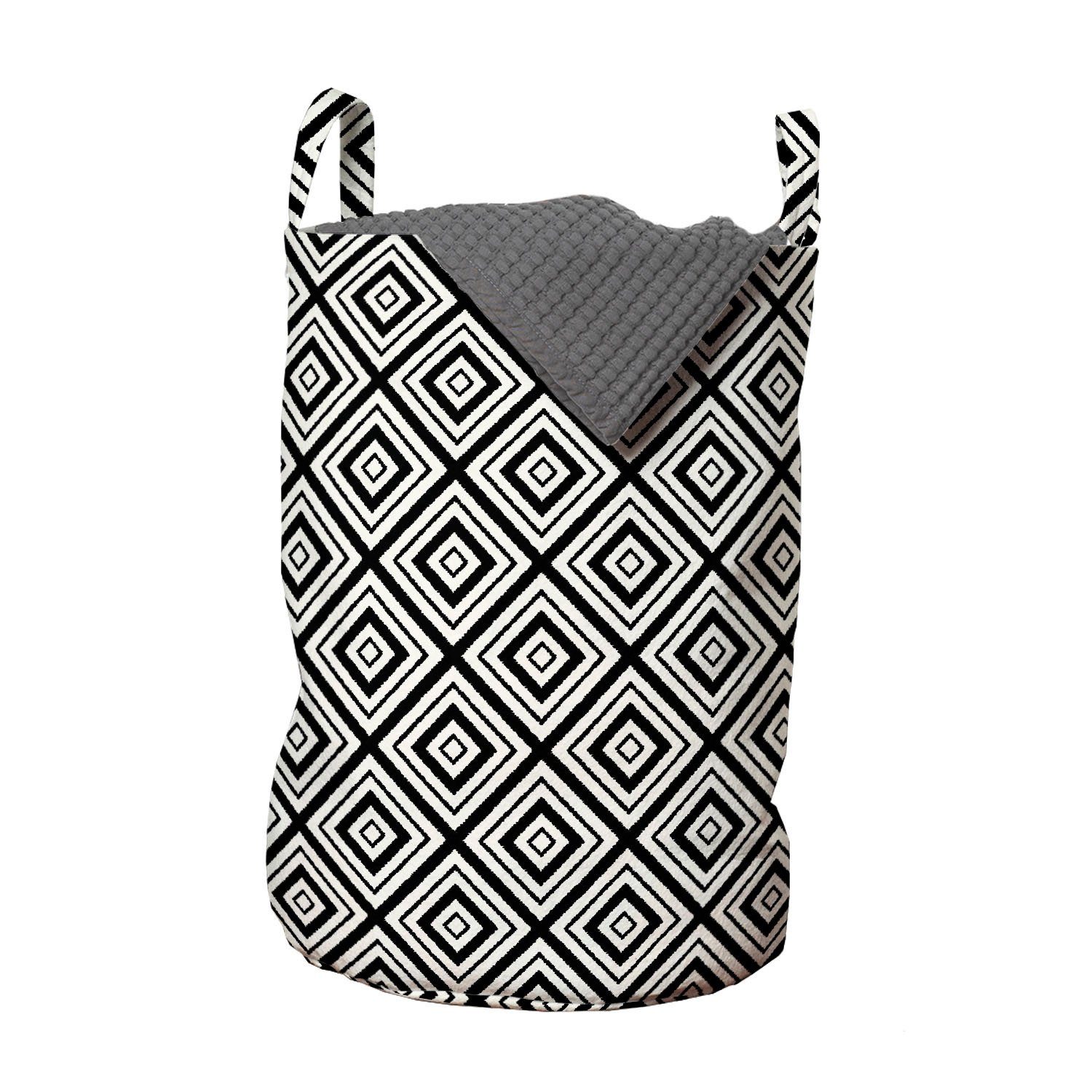 Abakuhaus Wäschesäckchen Wäschekorb mit Griffen Kordelzugverschluss für Waschsalons, Schwarz und weiß Rhombus Maßwerk