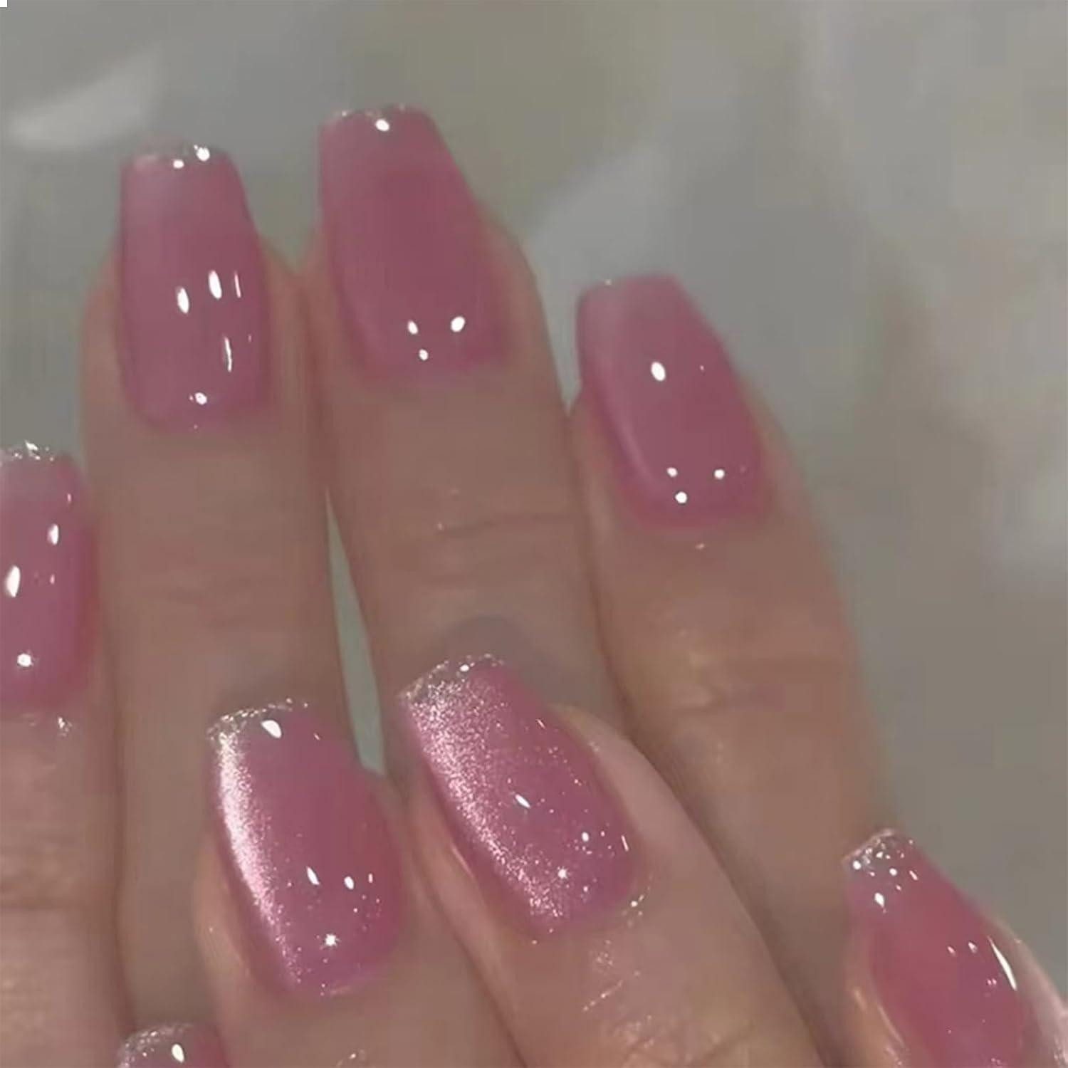 LuxusKollektion Kunstfingernägel Katzenaugen Falsche Nägel Pink Glitzer 24 Stück Mittel Voll Abdeckung