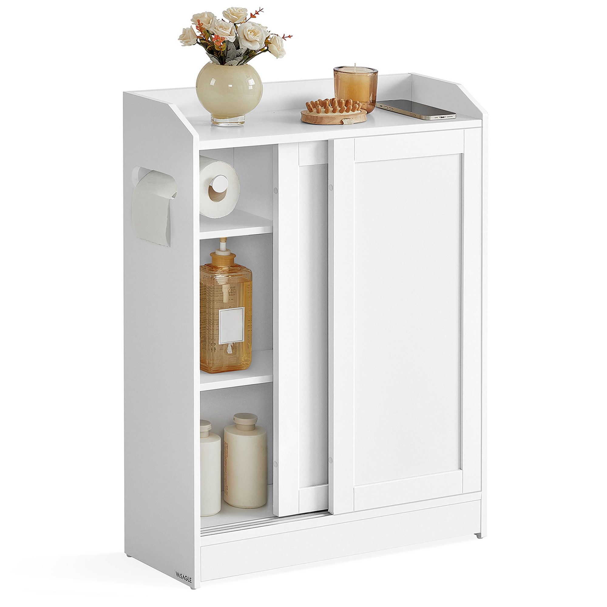 VASAGLE Badkommode Badezimmerschrank, Toilettenrollenhalter, Badschrank platzsparend, 60 x 20 x 80 cm, Schiebetüren, verstellbare Einlegeböden
