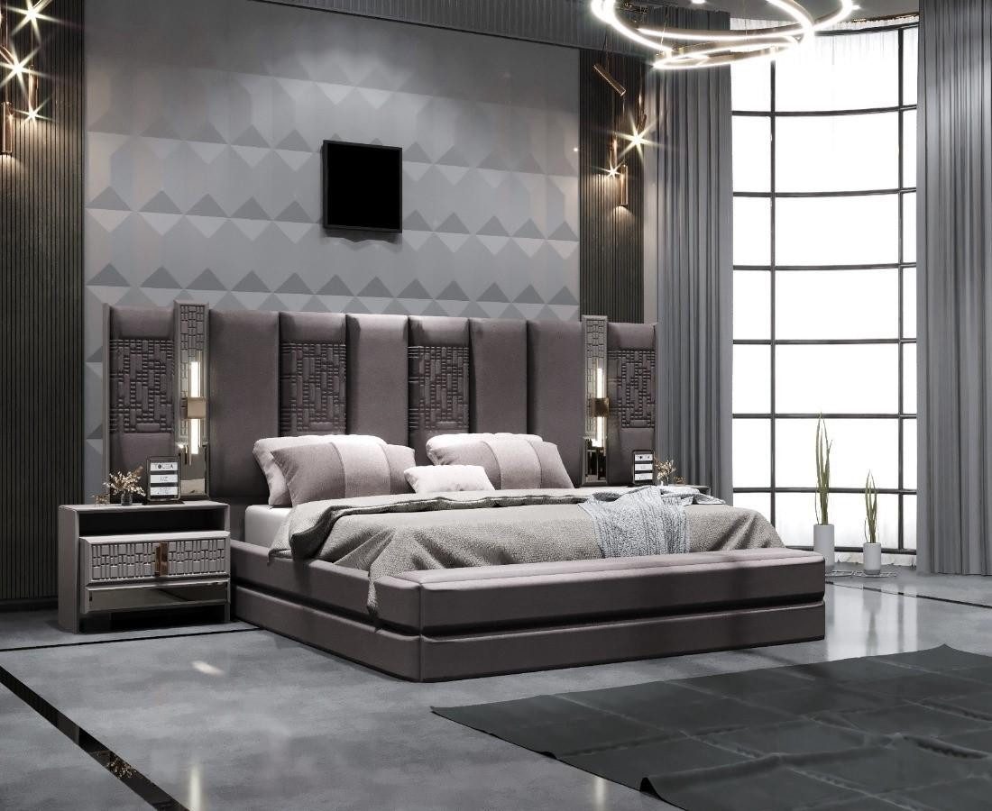 JVmoebel Schlafzimmer-Set Luxuriöses modernes Schlafzimmer-Set in Grau mit Beleuchtung, 3-tlg, (3-tlg)