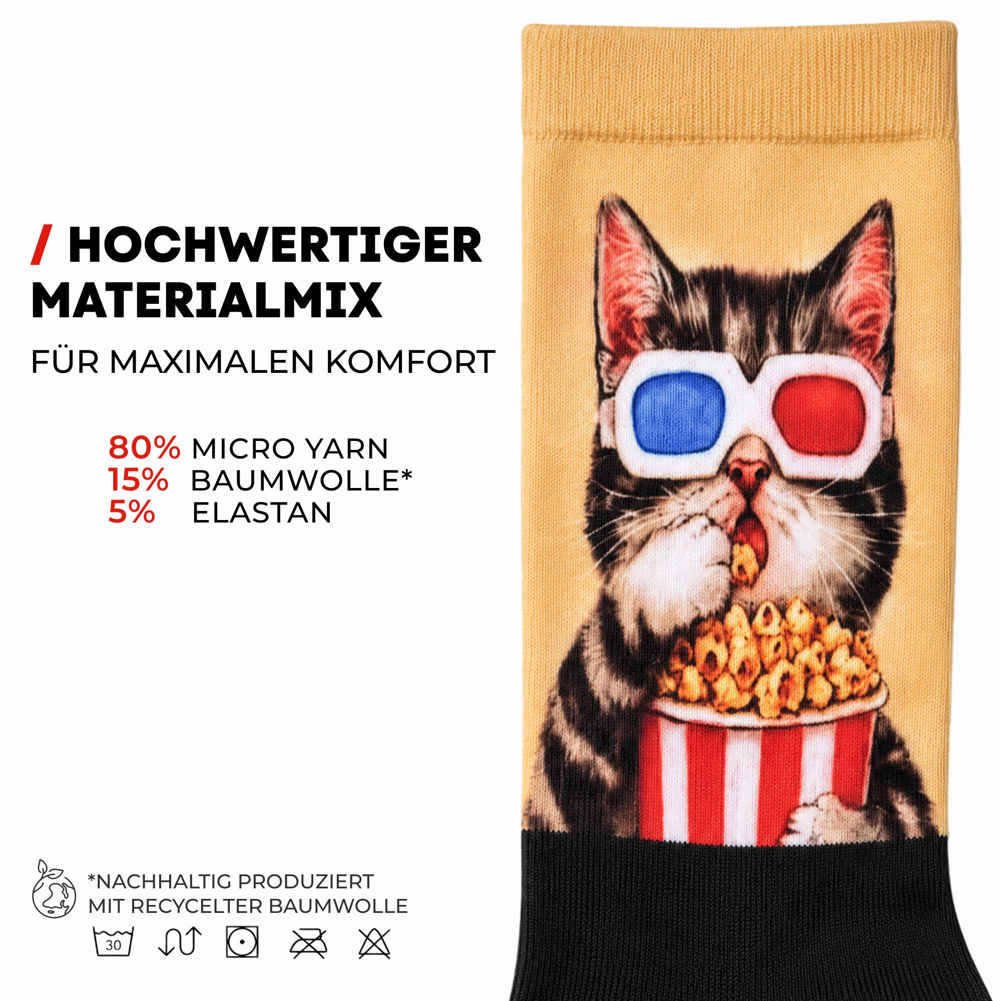 Chili Lifestyle Freizeitsocken Motivsocken Lustige Socken mit Banderole als Geschenksocken (1-Paar, Auffällige Socken mit Katze Popcorn Motiv – OneSize) Weichbu – Bild 3 von 5