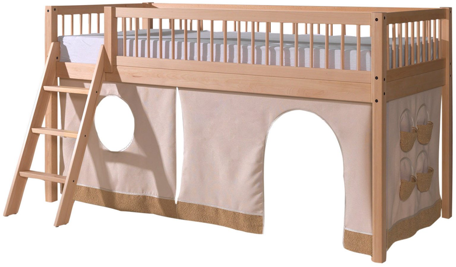 Vipack Spielbett Forrest mit hochwertiger und stabiler Verarbeitung, Made in Europe (halbhohes Bett inkl. Lattenrost, 90/200 cm, Rausfallschutz und Leiter), Ausf. Buche massiv natur, inkl. Textilvorhang 3-tlg.