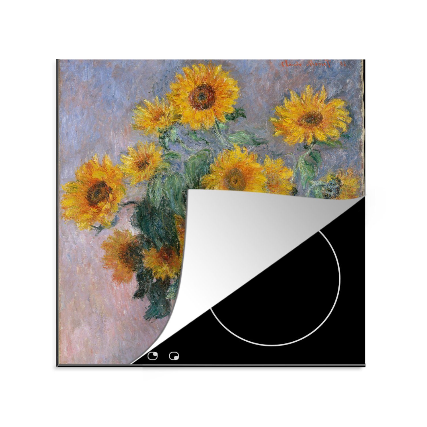 MuchoWow Herdblende-/Abdeckplatte Blumenstrauß mit Sonnenblumen - Gemälde von Claude Monet, Vinyl, (1 tlg), 78x78 cm, Ceranfeldabdeckung, Arbeitsplatte für küche