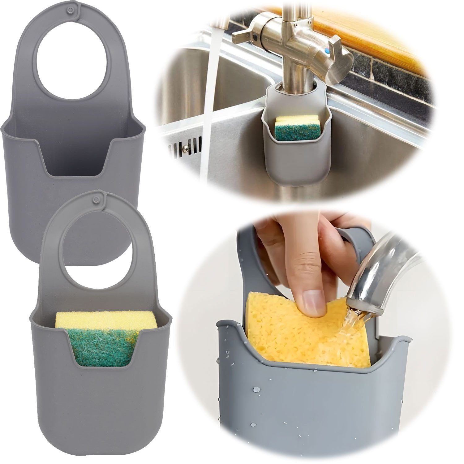 LS-LebenStil Abtropfmatte Silikon Schwammhalter 2´er Set Wasserhahn Halterung für Küchenspüle, Zubehör für Waschbecken Abtropfhalter Hängekorb, zum Einhängen am Wasserhahn als Spülschwammhalter Seifenablage