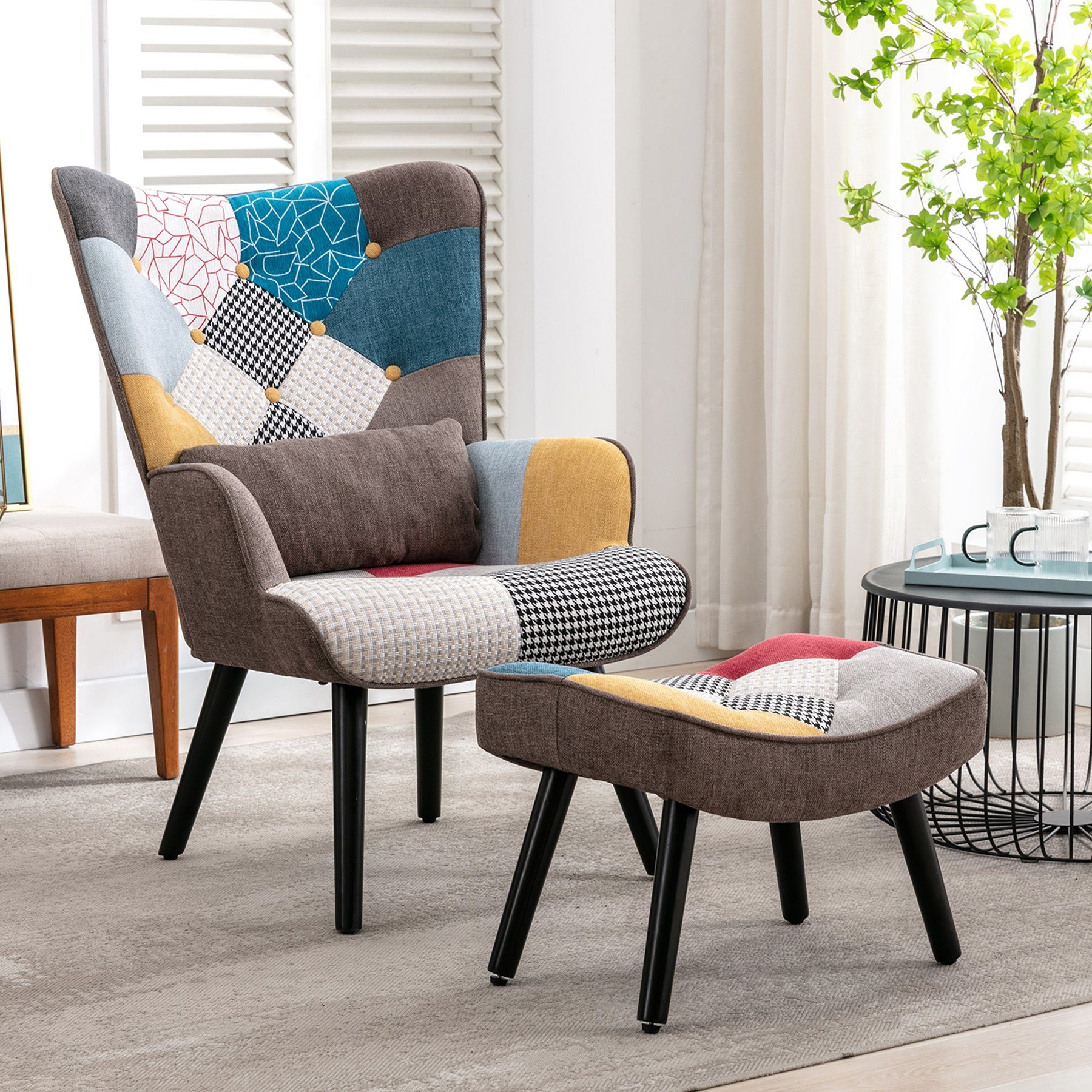 HomeMiYN Кресла Relaxsessel Lehnstühle Patchwork Кресла mit Hocker, Chair