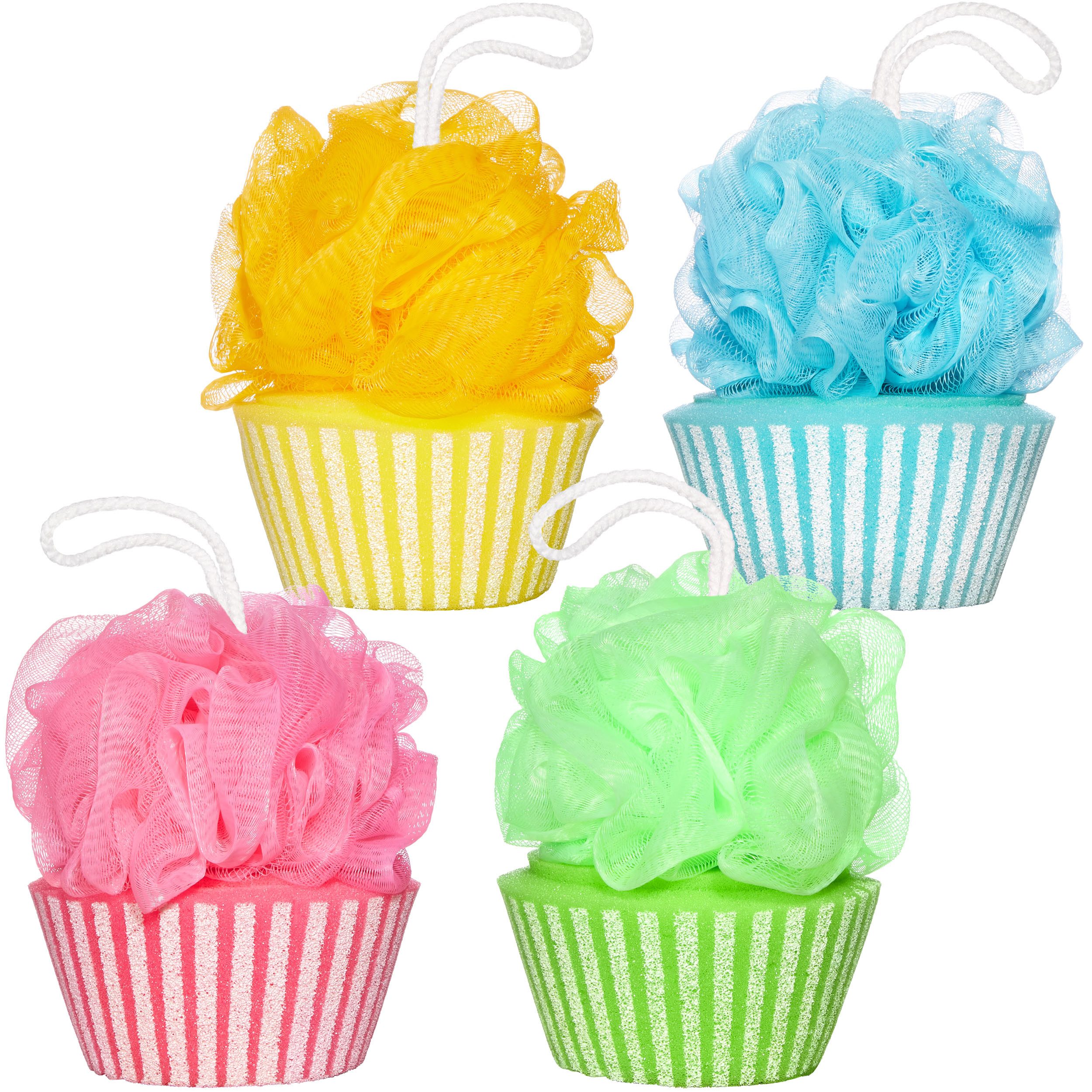 BRUBAKER Duschschwamm Badeschwamm-Set Cupcake - 40 g Badeknäuel - Bunt, 4-tlg., Körperreinigungsschwamm für Kinder und Erwachsene inkl. Geschenkbox