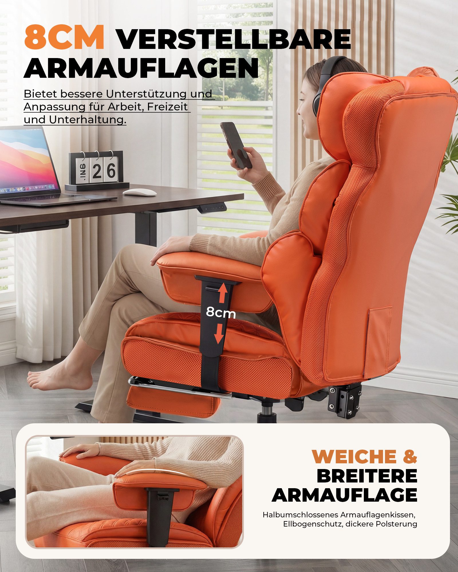 COMHOMA Gaming-Stuhl Ergonomischer Bürostuhl 180 kg, mit Lendenstütze & Fußstütze, 135° verstellbare Rückenlehne, hoher Chefsessel – Bild 4 von 5