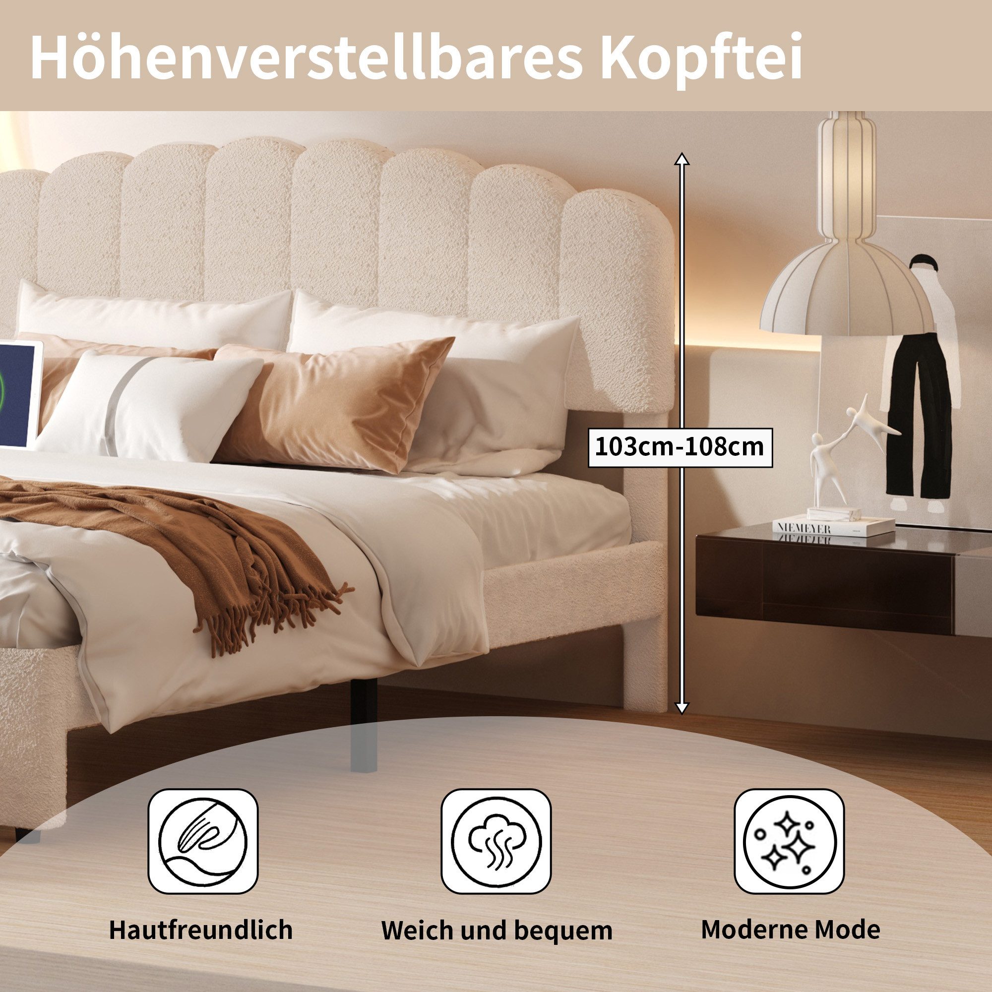 ADWOLT Polsterbett Doppelbett Stauraumbett mit USB+TYPE-C (Packung, 1-tlg., Jugendbett), 140x200 cm,Gepolstert,Schublade am Ende des Bettes,Plüschstoff-Beige – Bild 4 von 5