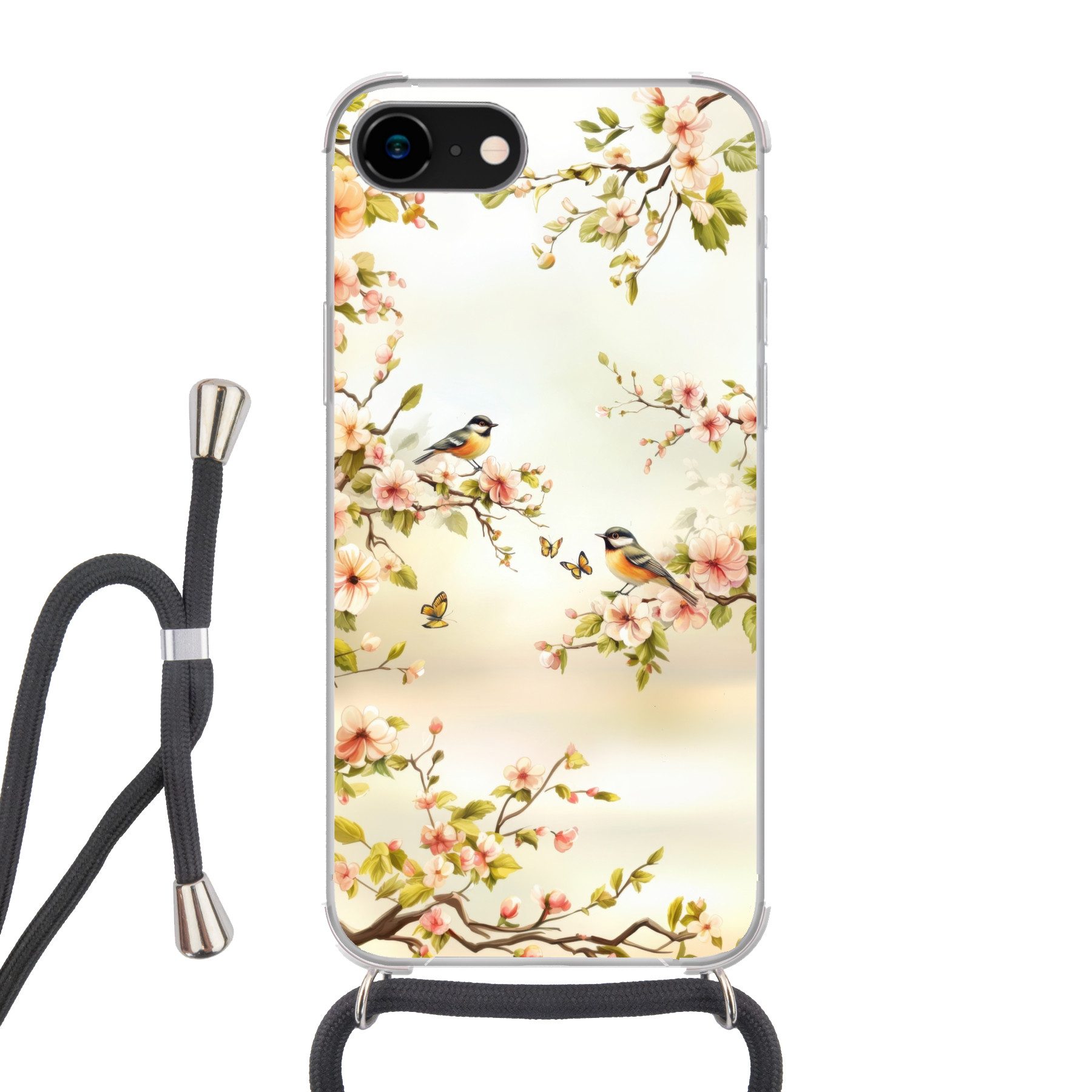 MuchoWow Handyhülle für Apple iPhone 8 Äste - Blumen - Vögel - Rosa, Tragbare Handyhüllen mit Kette zum umhängen, Handykette Handyband