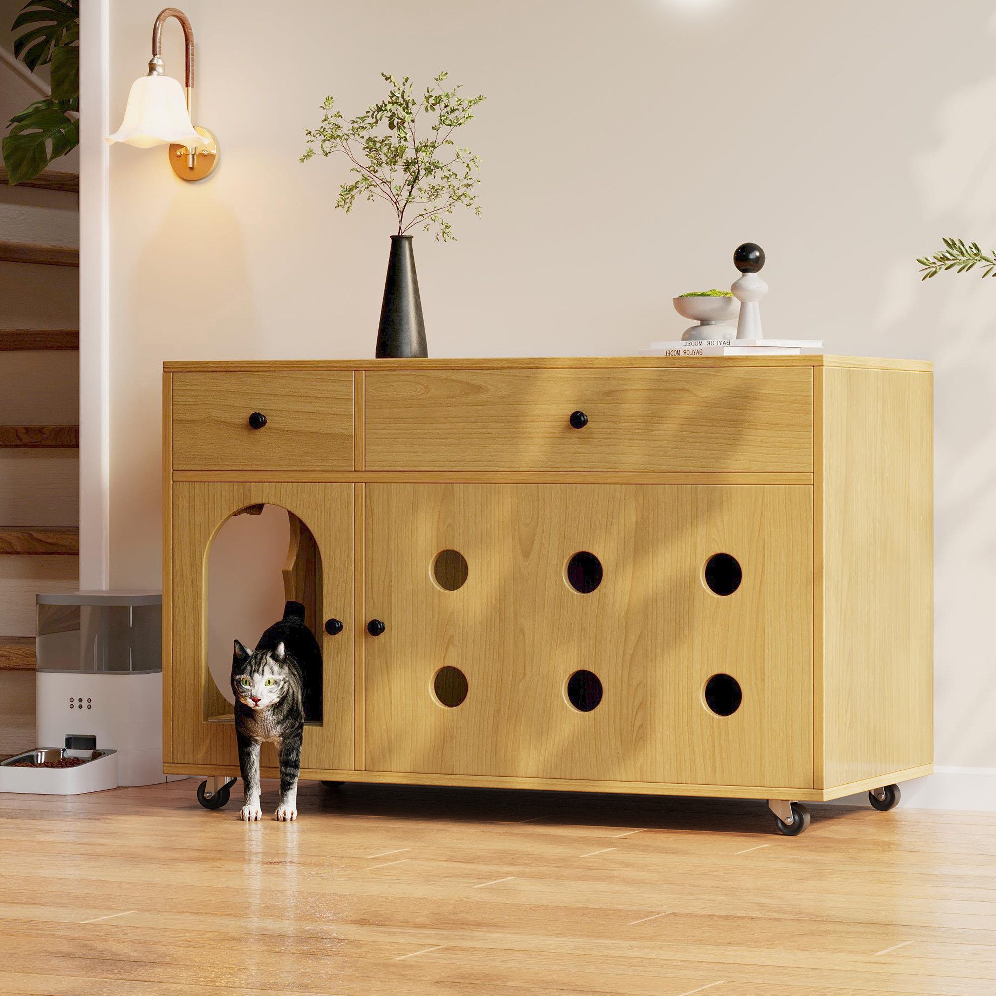 i@home Katzentoilette Katzentoilette, Katzenschrank für Katzentoilette, 100×45×66 cm, Sandfangfunktion, Versteckfunktion, Mobil, Multifunktional