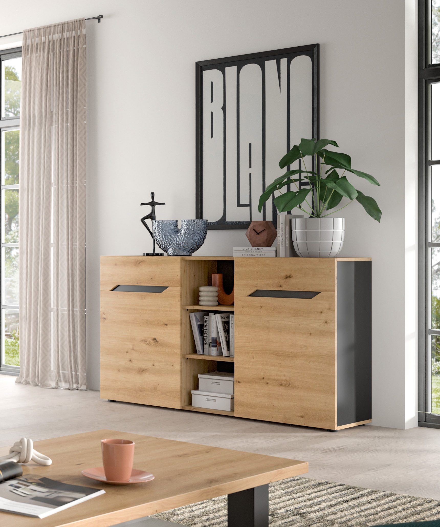 Home affaire Sideboard SERTA, Breite: 130cm, 2 Türen, 3 offene Fächer, viel Stauraum, Anrichte, Kommode, Schrank, Board, Higboard