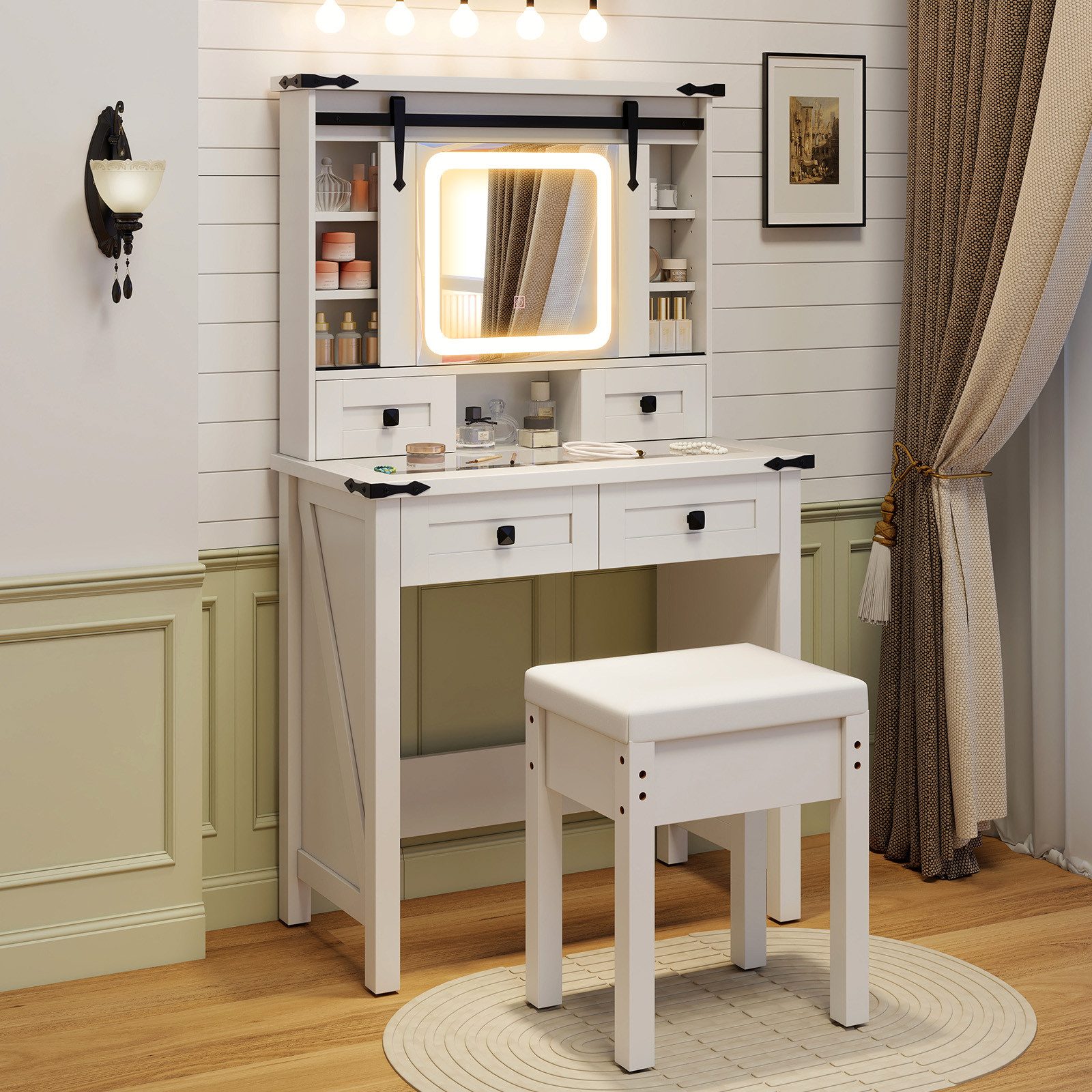 COSTWAY Schminktisch (1-St), mit LED-Beleuchtung, 4 Schubladen, Hocker