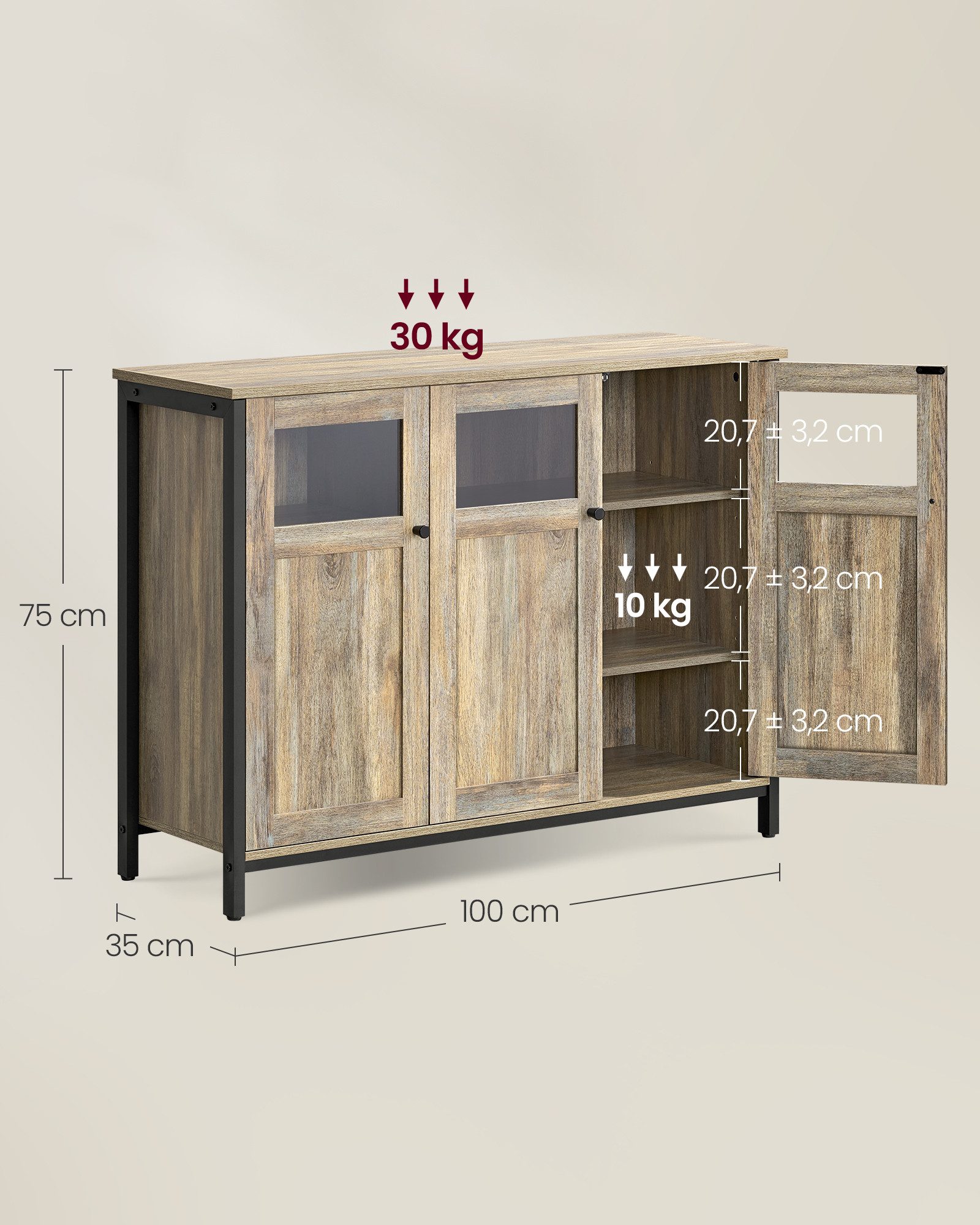 VASAGLE Sideboard Küchenschrank (Aufbewahrungsschrank, Stahlrahmen, Industrie, für Wohnzimmer, Küche, Esszimmer), für Wohnzimmer, Küche, Industriestil, mit Glas – Bild 5 von 5