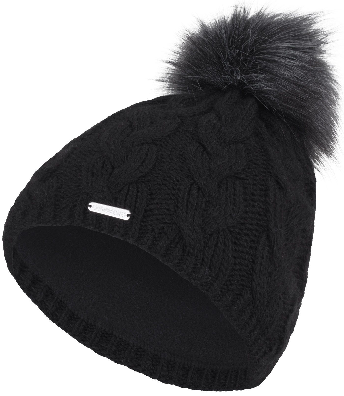 compagno Bommelmütze (1-St) Wintermütze gefüttert Strickmütze Damen Mütze Winter Beanie schwarz