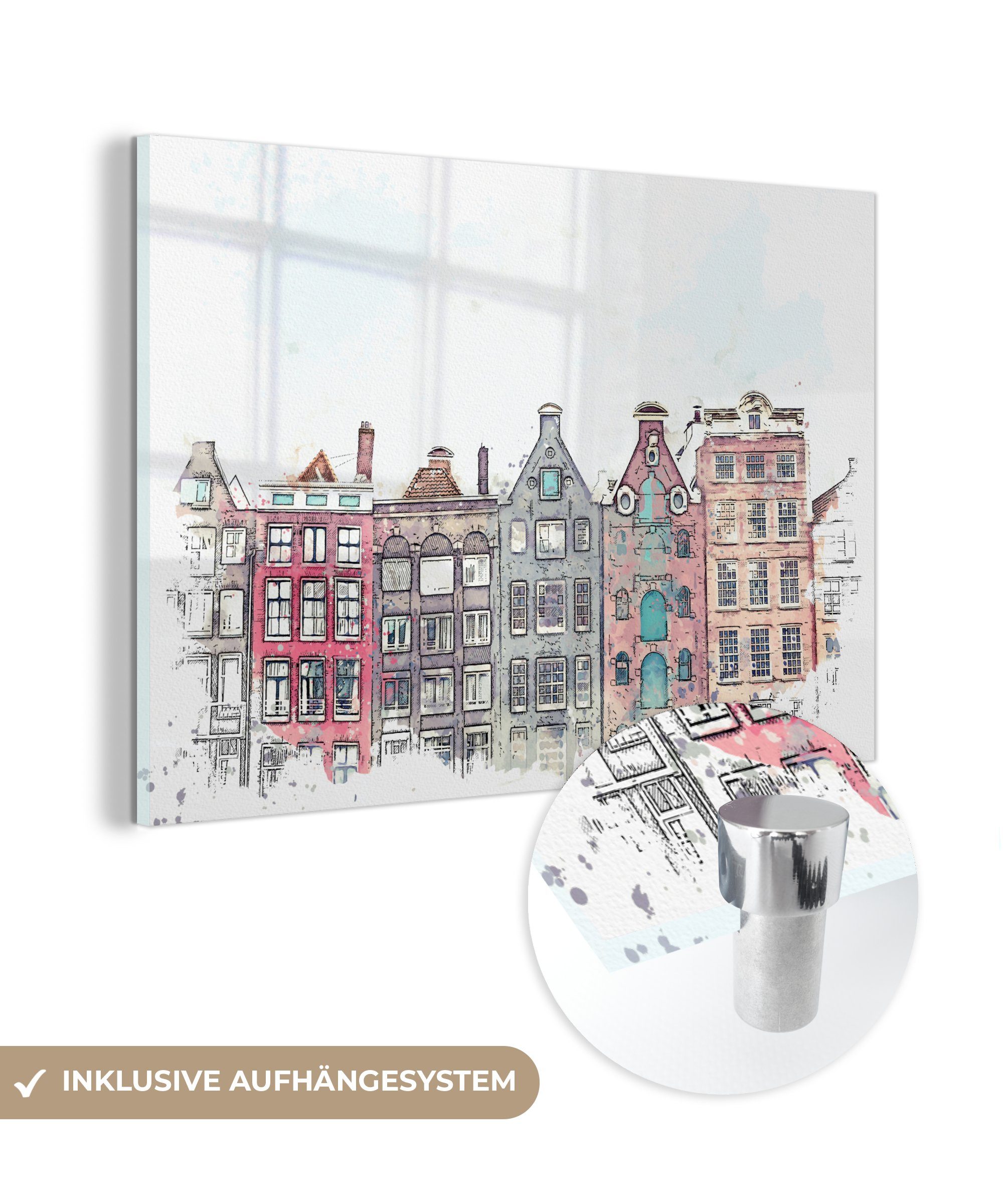 MuchoWow Acrylglasbild Illustration - Aquarell - Amsterdam, (1 St), Acrylglasbilder Wohnzimmer & Schlafzimmer