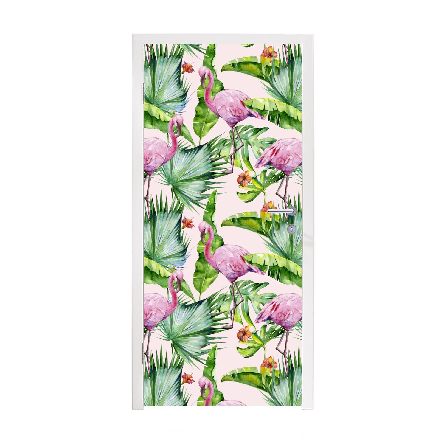 Matt, Türtapete (1 - St), 75x205 Fototapete MuchoWow Muster, Türaufkleber, cm Tür, Pflanzen - bedruckt, Flamingo für