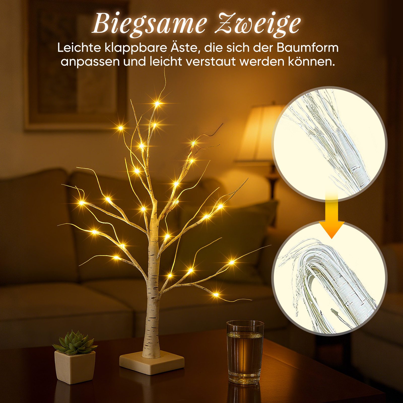 Salcar LED-Lichterkette LED Baum Lichter Warmweiß Weihnachten LED Birkenbaum, 1PC 60cm LED Lichterbaum Innen mit 24 LEDs Licht – Bild 2 von 5