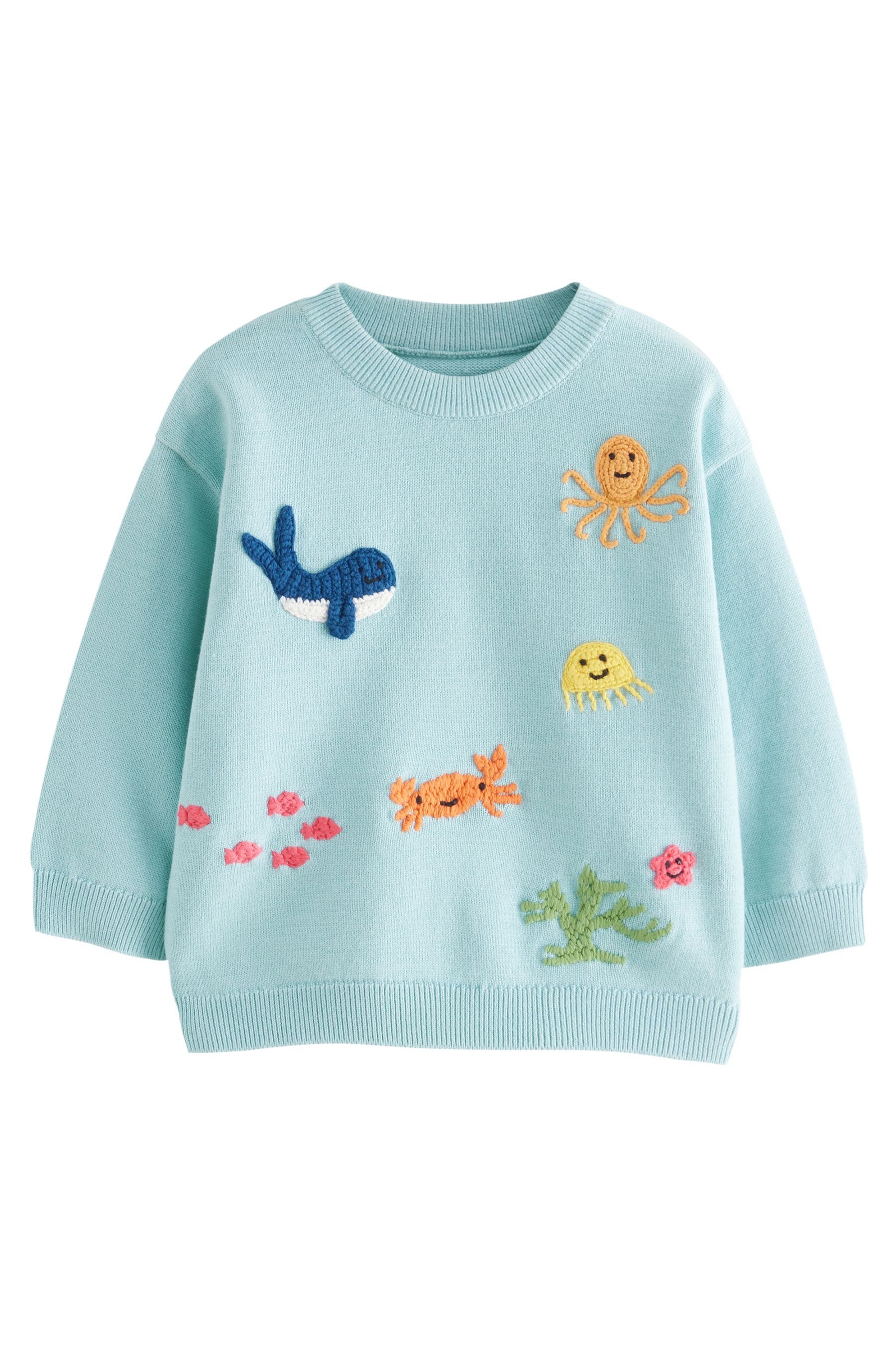 Rundhalspullover Rundhals-Strickpullover mit Meerestieren