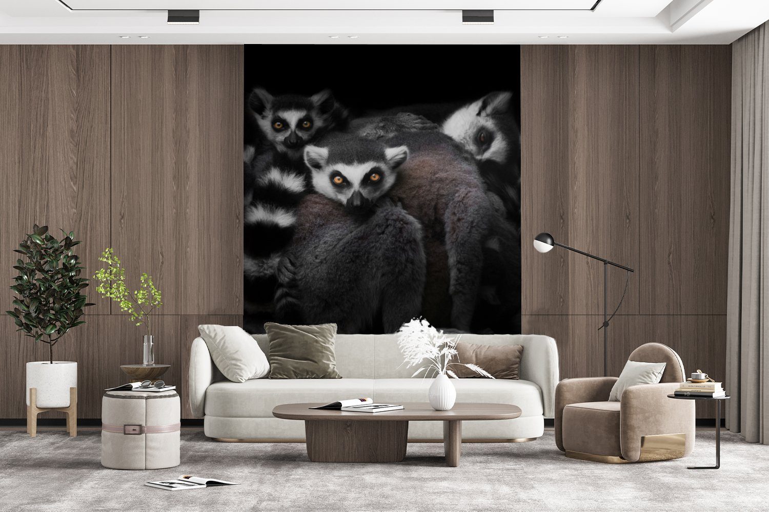 MuchoWow Fototapete Porträt, - Wandtapete bedruckt, Vinyl Schwarz (4 St), - Weiß Tapete - Wohnzimmer, für Matt, - Lemur Montagefertig Tiere