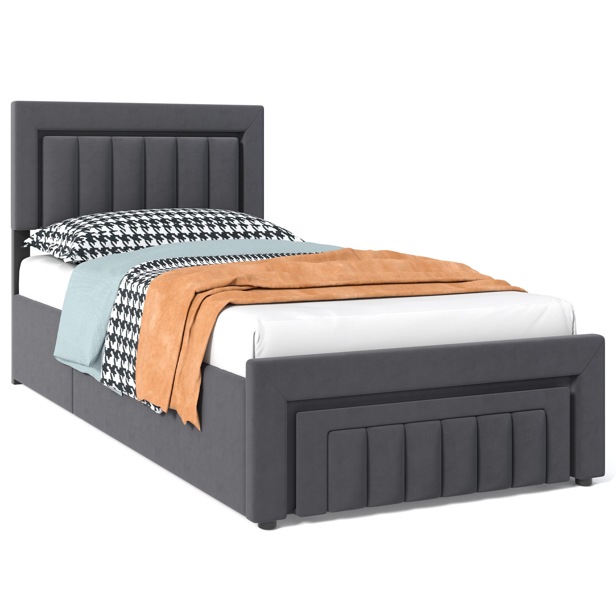 HAUSS SPOLE Polsterbett als Einzelbett und Doppelbett erhältlich,Stauraumbett mit Schubladen (90×190 Einzelbett Boxspringbett Jugendbett mit Stauraum und Lattenrostkonstruktion), Bettrahmen ohne Matratze mit gepolstertes Kopfteil für Schlafzimmer