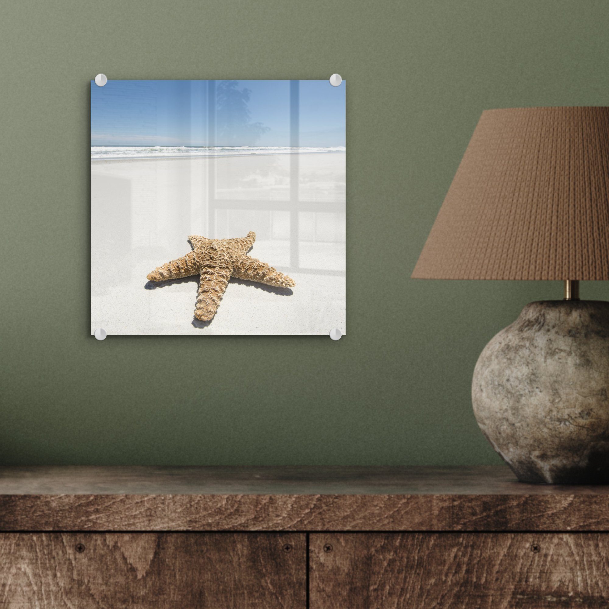 Seestern MuchoWow Acrylglasbild auf Strand - Bilder - Glas Himmel, - - auf Foto Glas Glasbilder Wanddekoration (1 St), - Wandbild