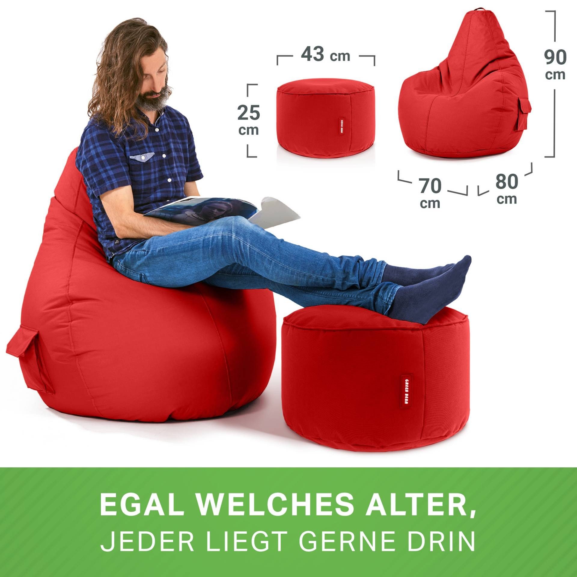 Green Bean Gaming Chair Cozy Sitzkissen, Sitzsack + mit Relax-Sessel Stay, Rot Sitzhocker, Set