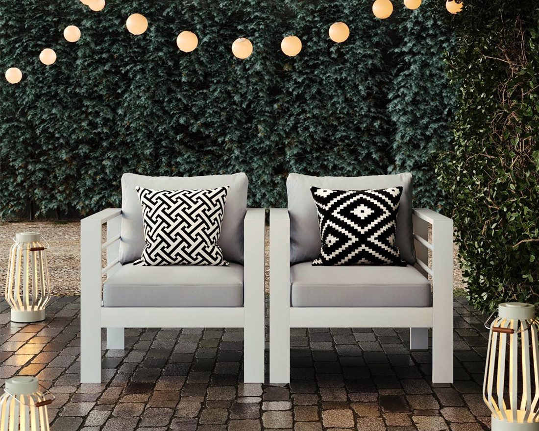 MeXo Gartensessel Relaxsessel outdoor 2 Sitzer Loungesessel Aluminium wetterfest (cremeweiß, harmonieren mit Licht bei Nacht, 2-St., Passt zum skandinavischen, mediterranen oder minimalistischen Stil), 12cm Deluxe Relax-Sitzkissen, Balkonsessel für Balkon 2er-Set