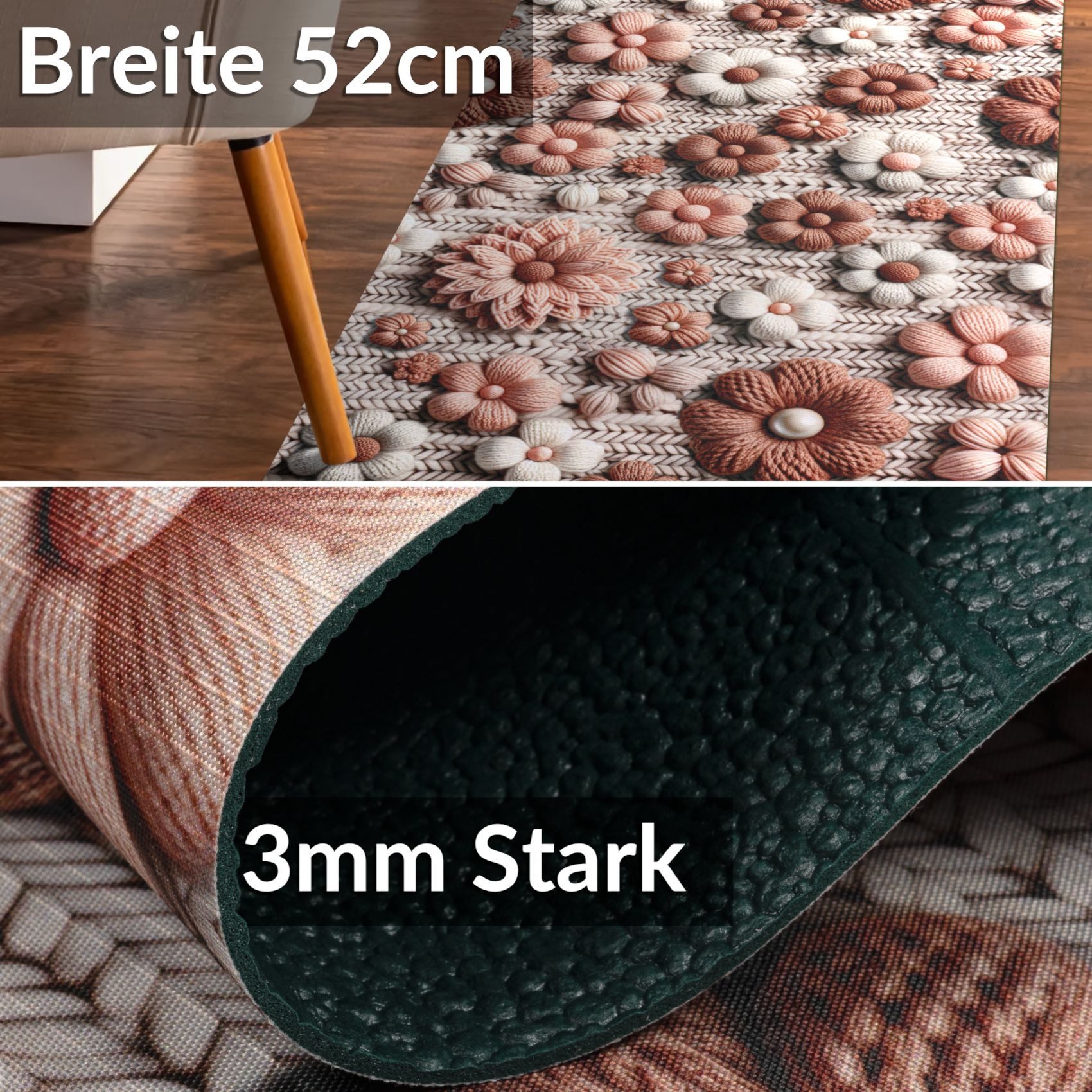 ANRO Küchenläufer RANNA pflegeleicht Teppichläufer Bodenmatte Flurläufer Küchenteppich, eckig, Höhe: 3 mm, Meterware rutschfest 100cm Landhaus Altrosa Beige wasserdicht