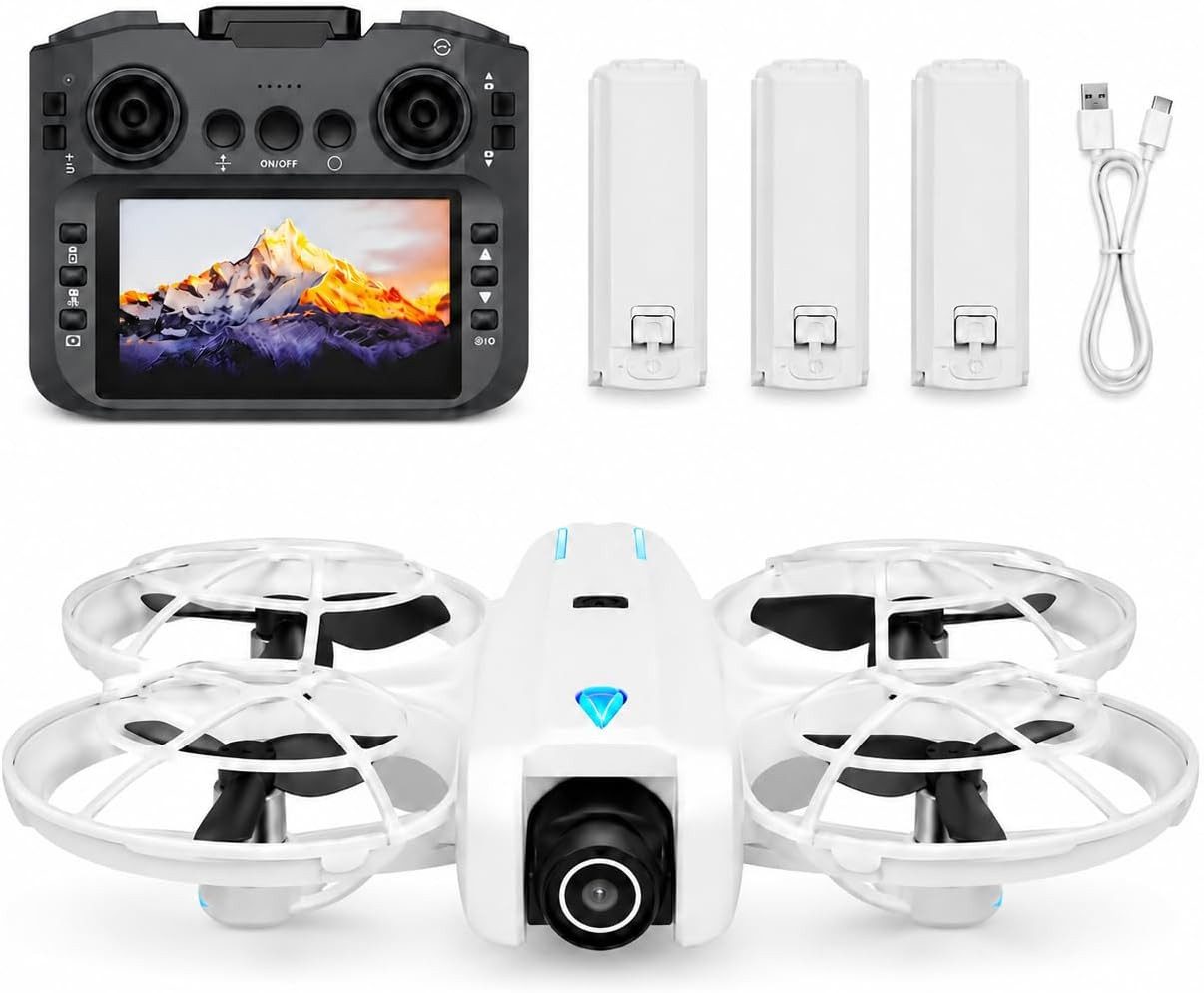 Goldstern-Tech RC-Quadrocopter (Mini Drohne mit 1080P Kamera, 5,6-Zoll-FPV-Display Controller), Optical Flow, bürstenlosem Motor, Auto-Return & 2/3 Akkus
