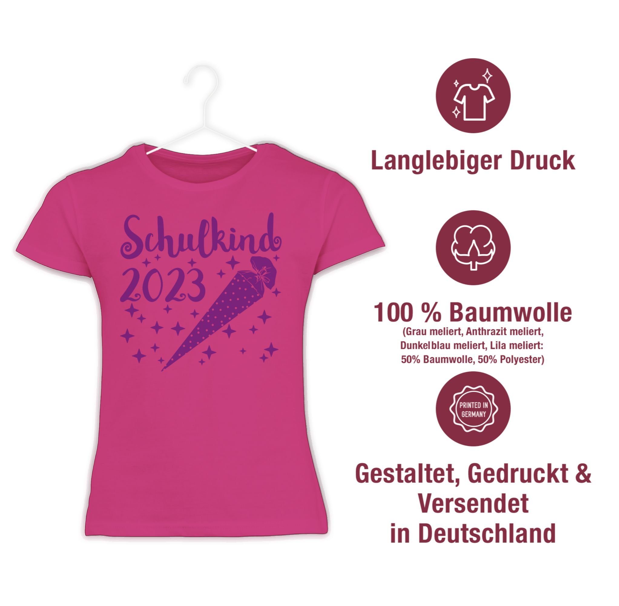 Schultüte Einschulung T-Shirt 2023 3 - Fuchsia Mädchen Shirtracer Schulkind - und lila Sternchen