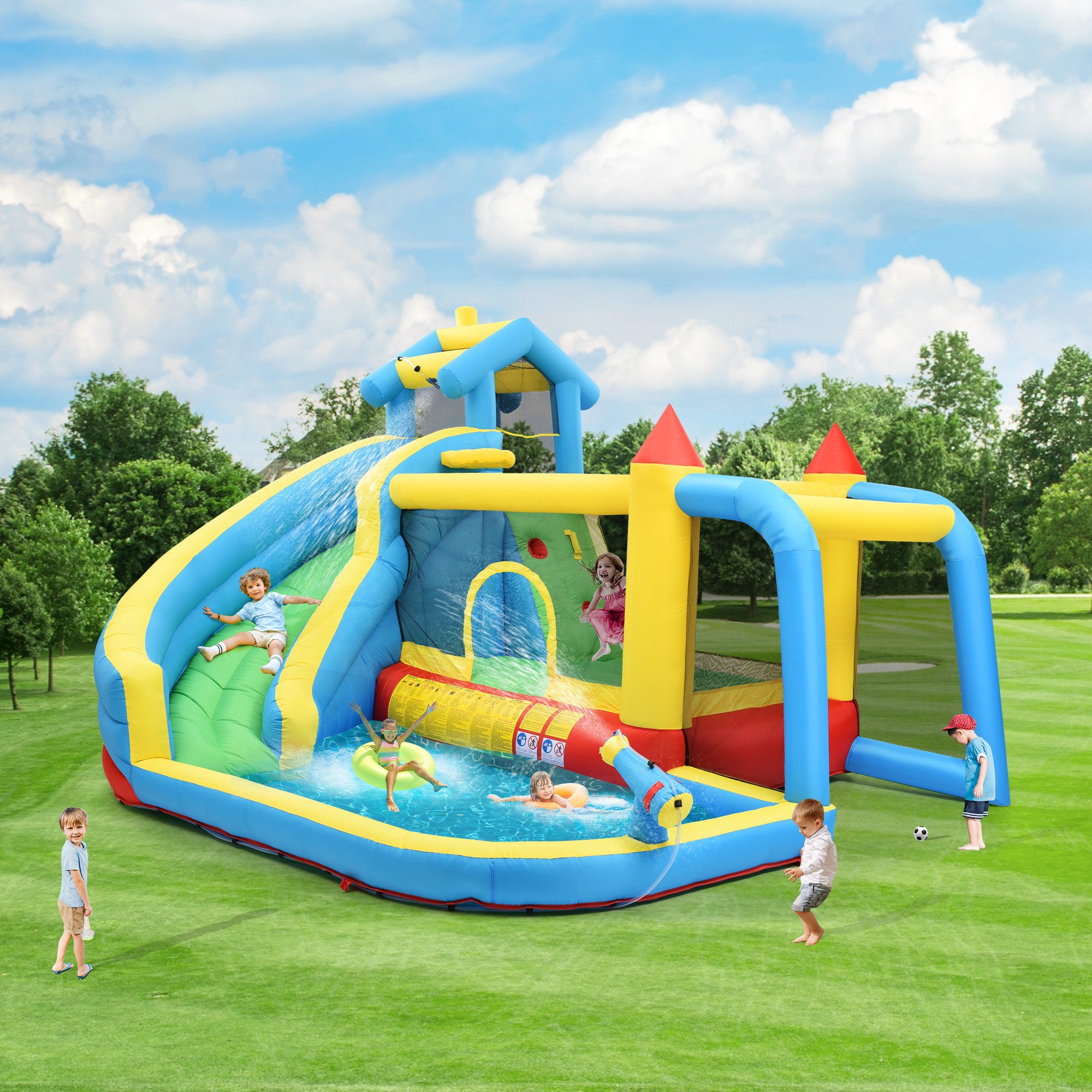 LVHOM Planschbecken Hüpfburg mit Gebläse, Kinderpool mit Rutsche, Garten, 8 in 1, (2xWasserspielbecken, Rutsche, Trampolin, Basketballkorb, Kletterwand, Basketballkorb, Wurfpunktwand, Ringwurfspiel), BUNTER SPIELSPASS FÜR DAS GANZE JAHR