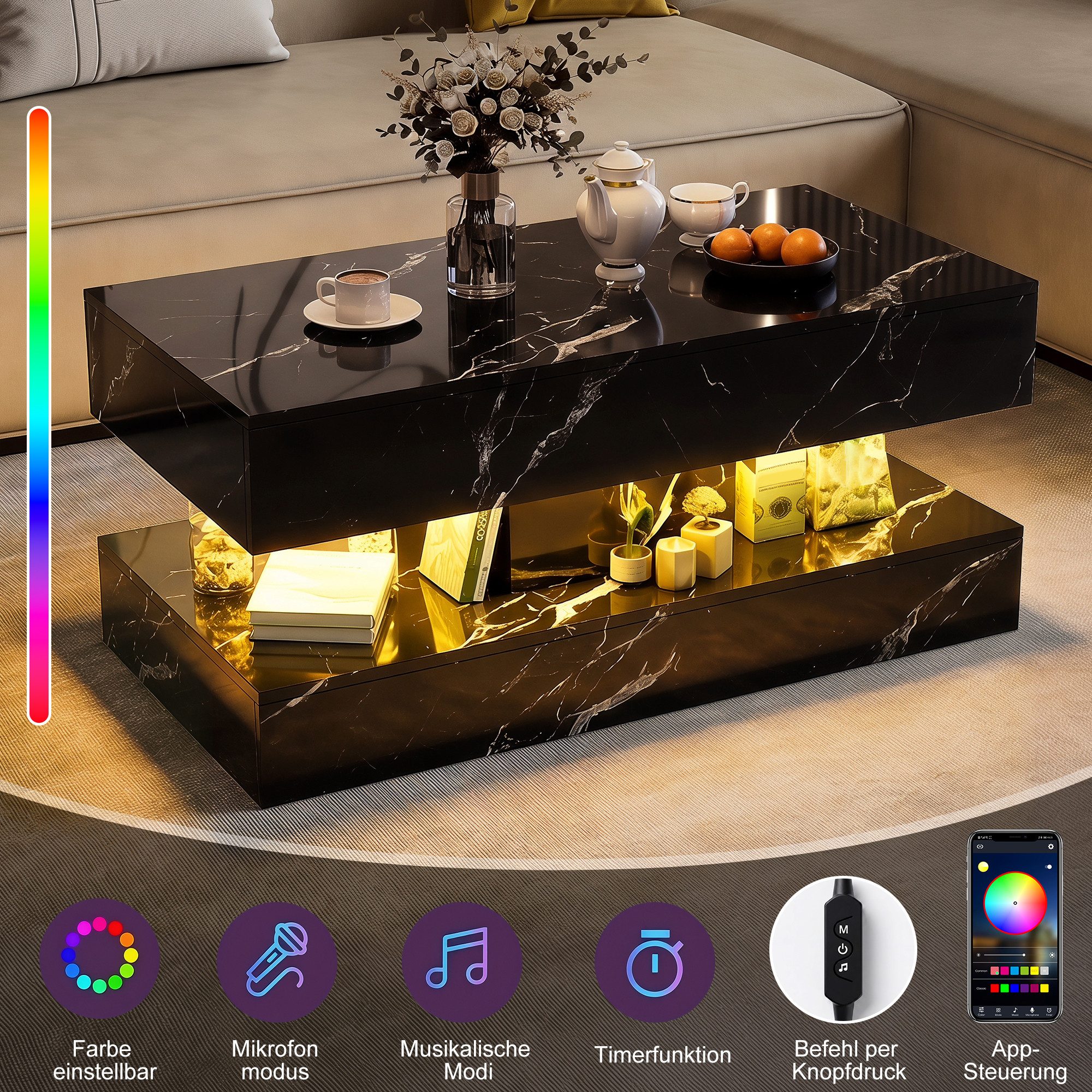 BELUPAI Couchtisch Wohnzimmertisch Hochglanz Tischplatte in Marmoroptik mit LED (Beistelltisch mit LED-Beleuchtung, Kaffeetisch mit 2 versteckten Schubladen), Sofatisch für Wohnzimmer, Schlafzimmer, Büro, Schwarz