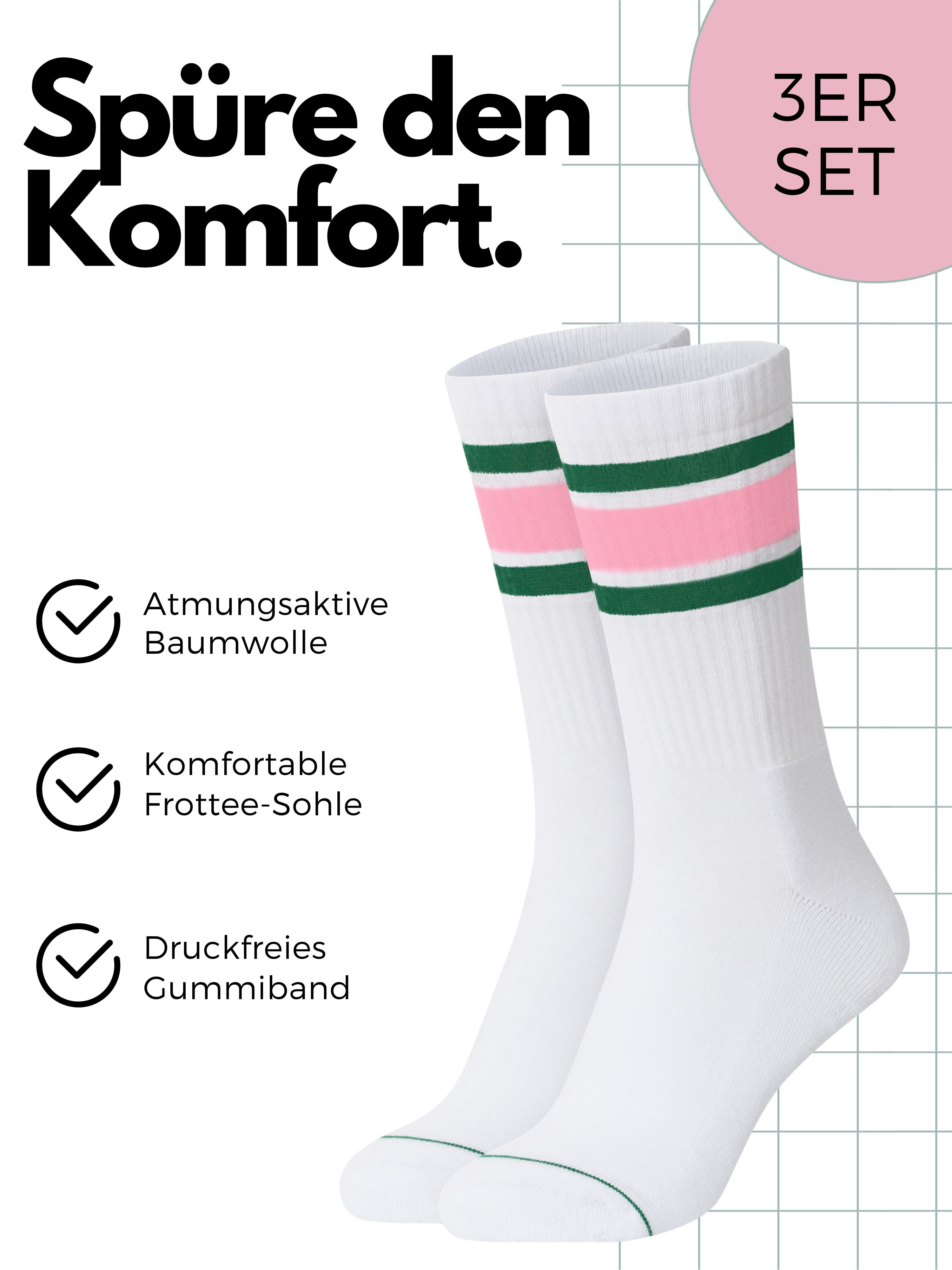 Studio Nolis Tennissocken Streifen Baumwolle Socken Damen Neon Crew Socks (Set, 3 Paar)