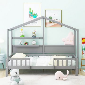 SOFTWEARY Kinderbett mit Rollrost (90x200 cm), Hausbett mit Rausfallschutz, Kiefer