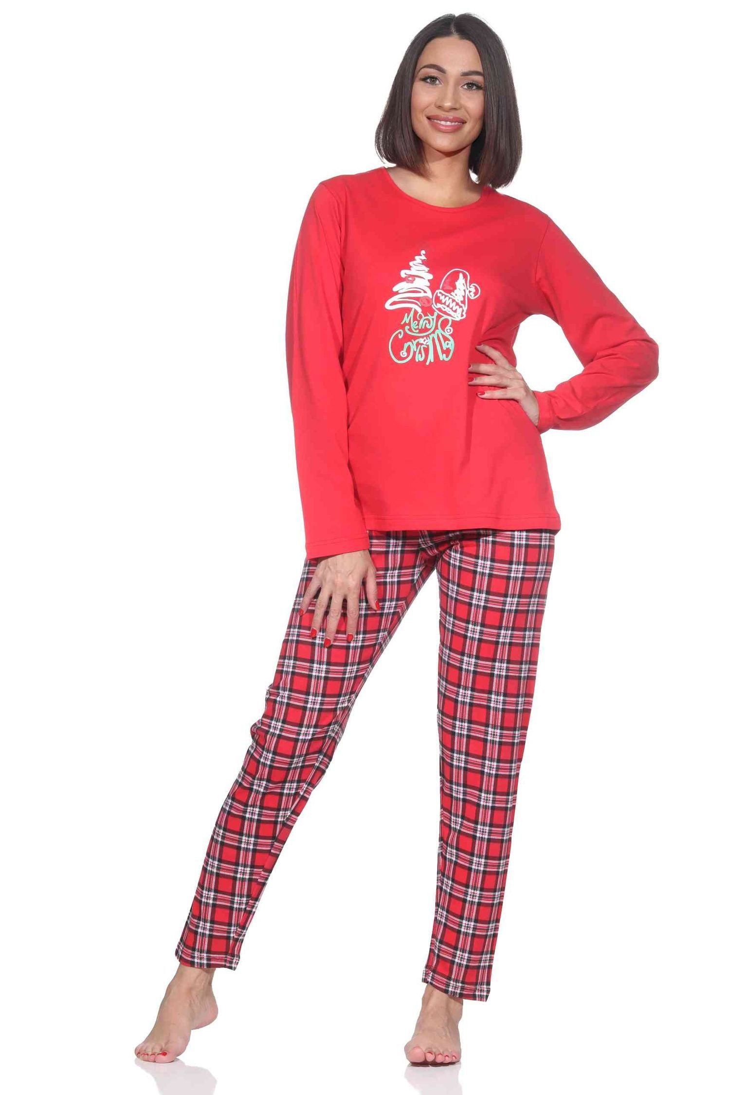 Normann Pyjama Damen Weihnachts Schlafanzug mit lustigen weihnachtlichen Motiv