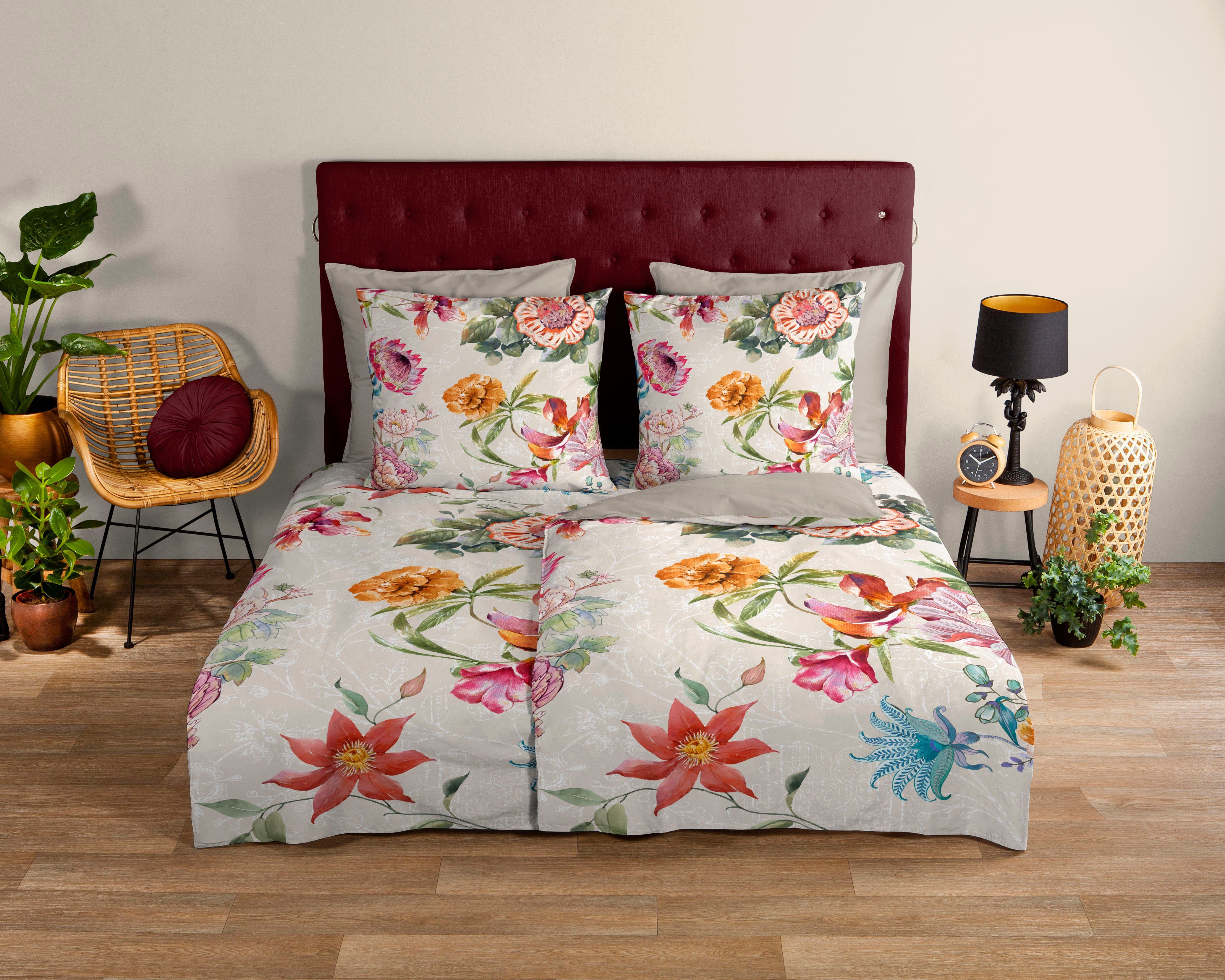 good morning Wendebettwäsche Jaimy, Renforcé, 2 teilig, Baumwolle, 135x200, 2 Teilig, Reißverschluss, Wendeoptik, Blumen, Sand