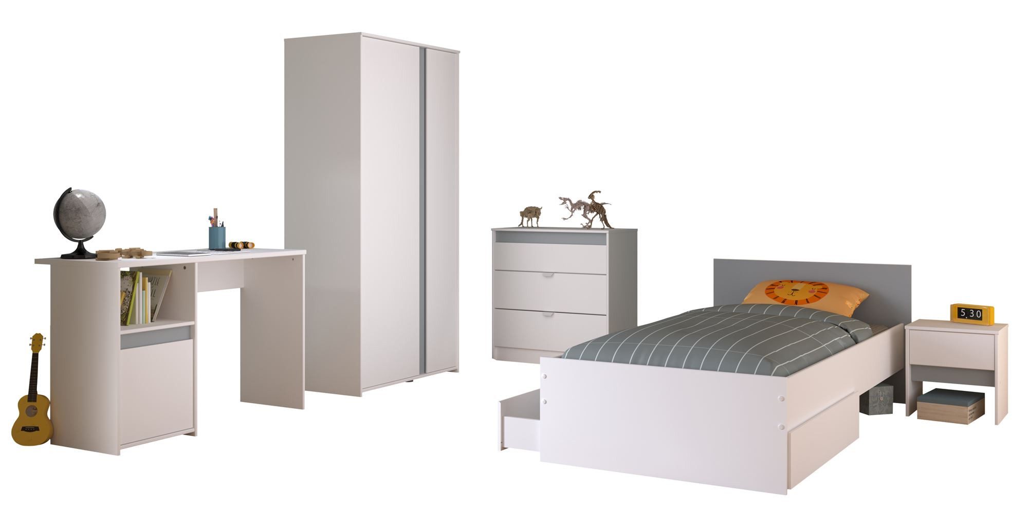 58 aufm Kessel Jugendzimmer-Set Kinderzimmer-Set 6-tlg. Parisot Pirouette 21 Holzdekor Weiß, (inkl. Versand, Lieferung bis Verwendungsstelle), Komplettzimmer mit Bett Schubladen Schrank NaKo Kommode Schreibtisch