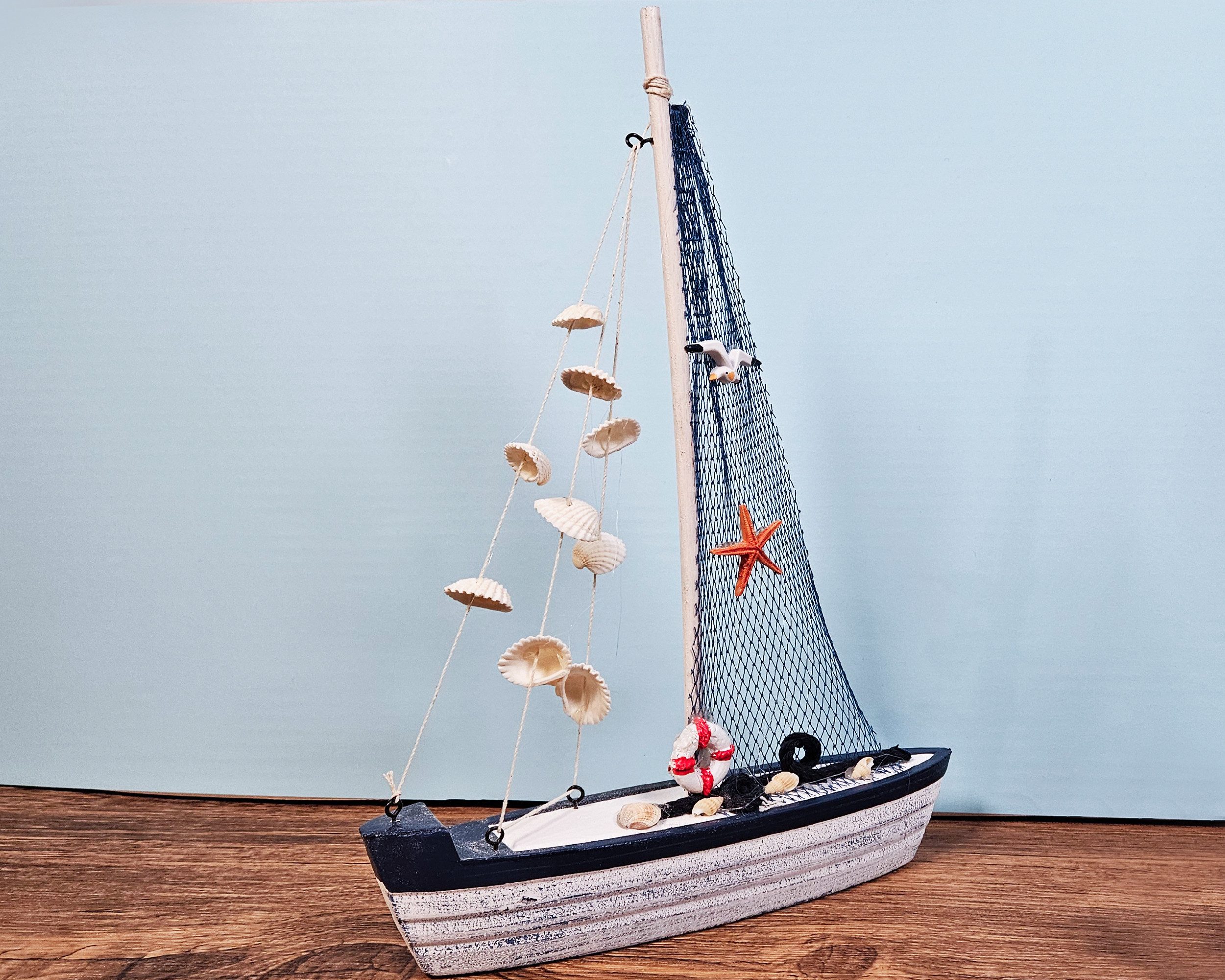 Yudu Dekofigur Deko Segelboot Boot Schiff Holz Seestern Seevögel Muscheln M günstig online kaufen