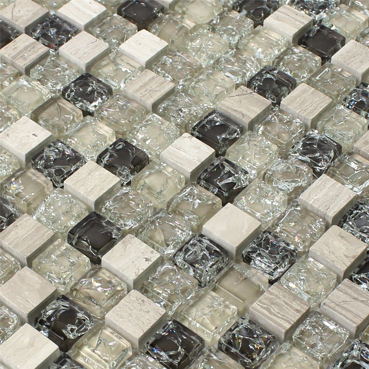 Mosafil Mosaikfliesen Glas Naturstein Mosaikfliesen Malawi Bruchglas Quadrat, Naturstein-Glas-Marmor 30.500x30.500, beige-grau-grün, Verlegefertig auf ein Netz geklebt - Frostsicher - Wasserfest