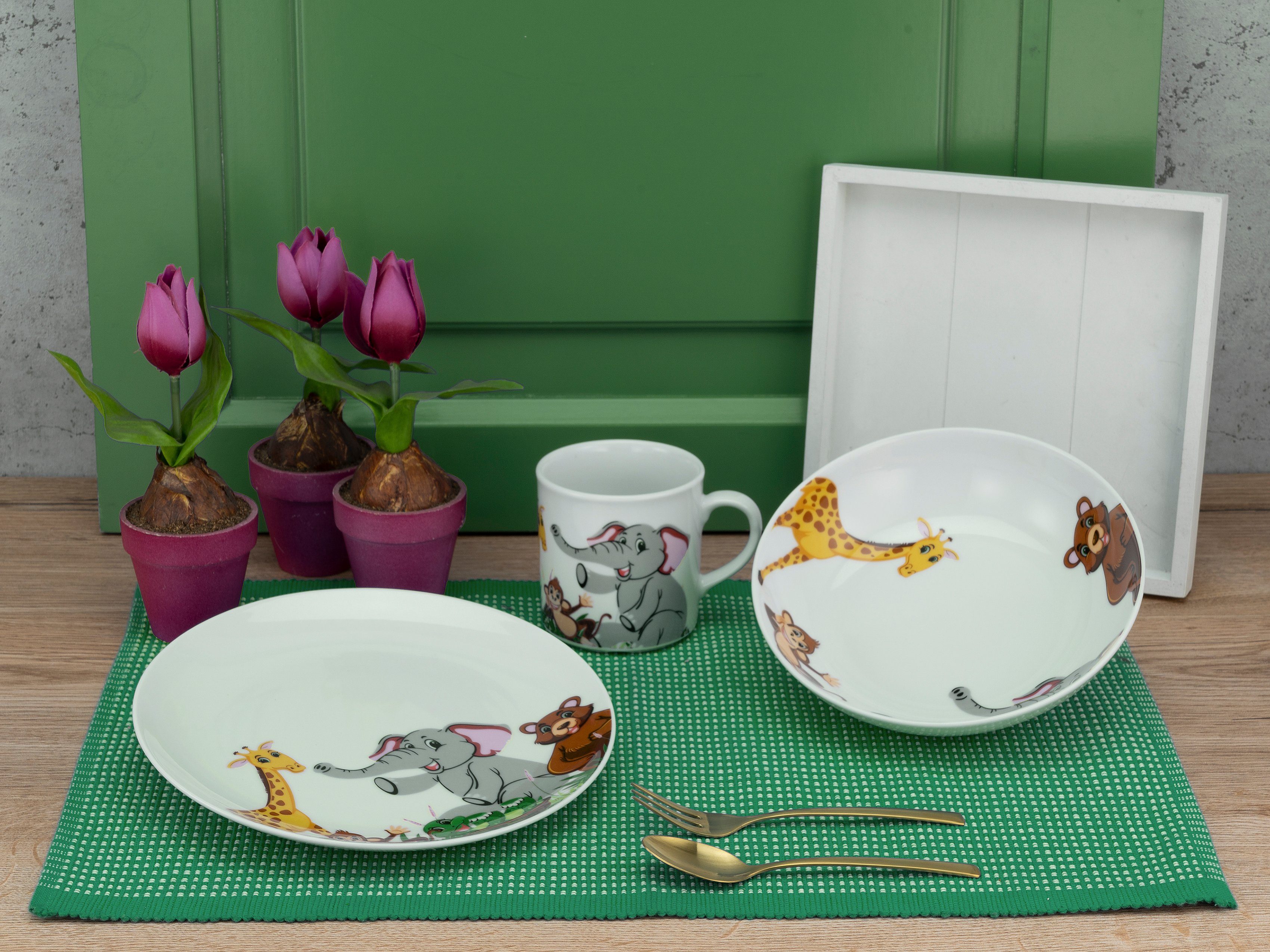 CreaTable Kindergeschirr-Set Zoo (3-tlg), 1 Personen, Porzellan, Dekor mit lustigen Zoobewohnern, Made in Europe, 3 Teile, für 1 Person