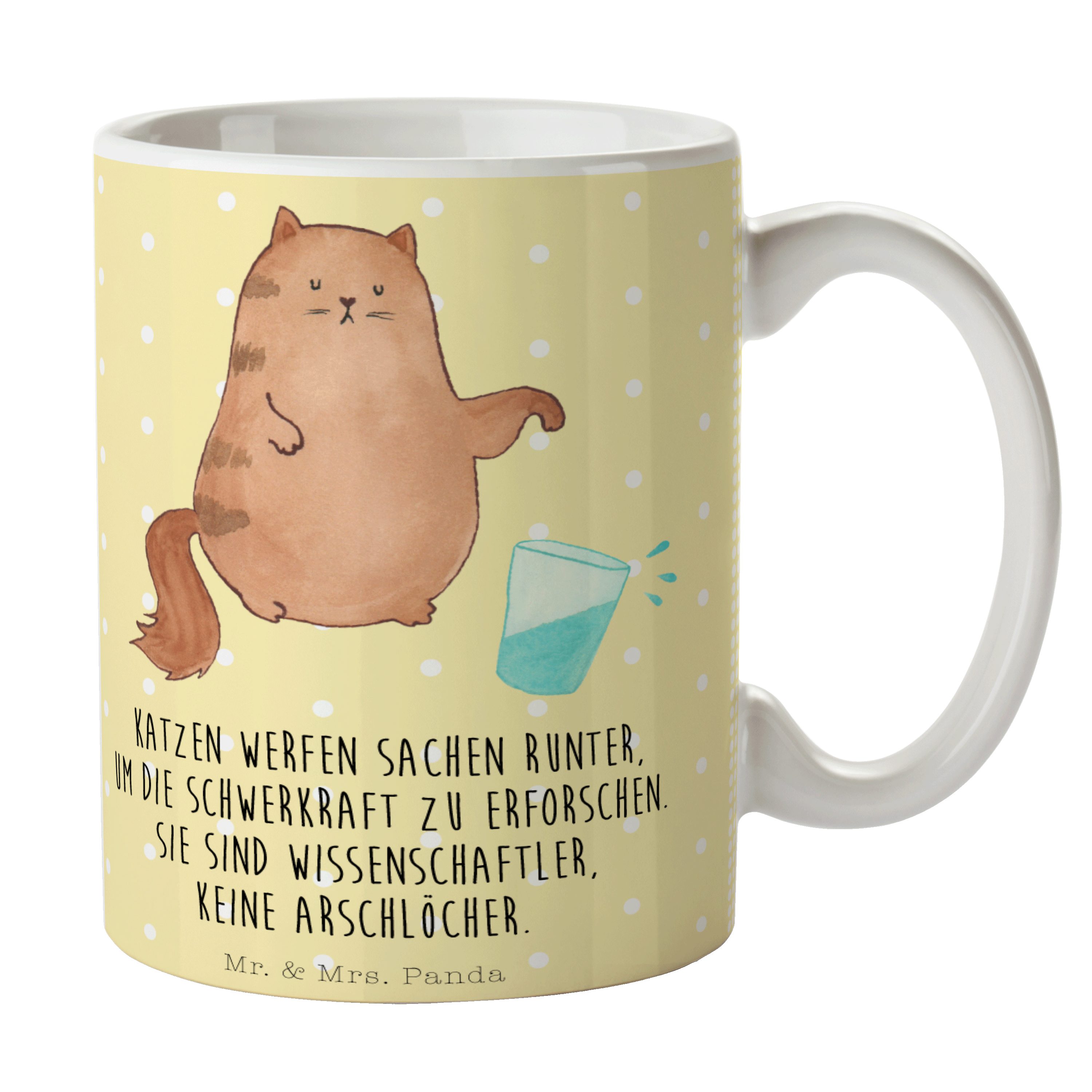 Mr. & Mrs. Panda Tasse Katze Wasserglas - Gelb Pastell - Geschenk, Tasse Sprüche, Katzenmot, Keramik
