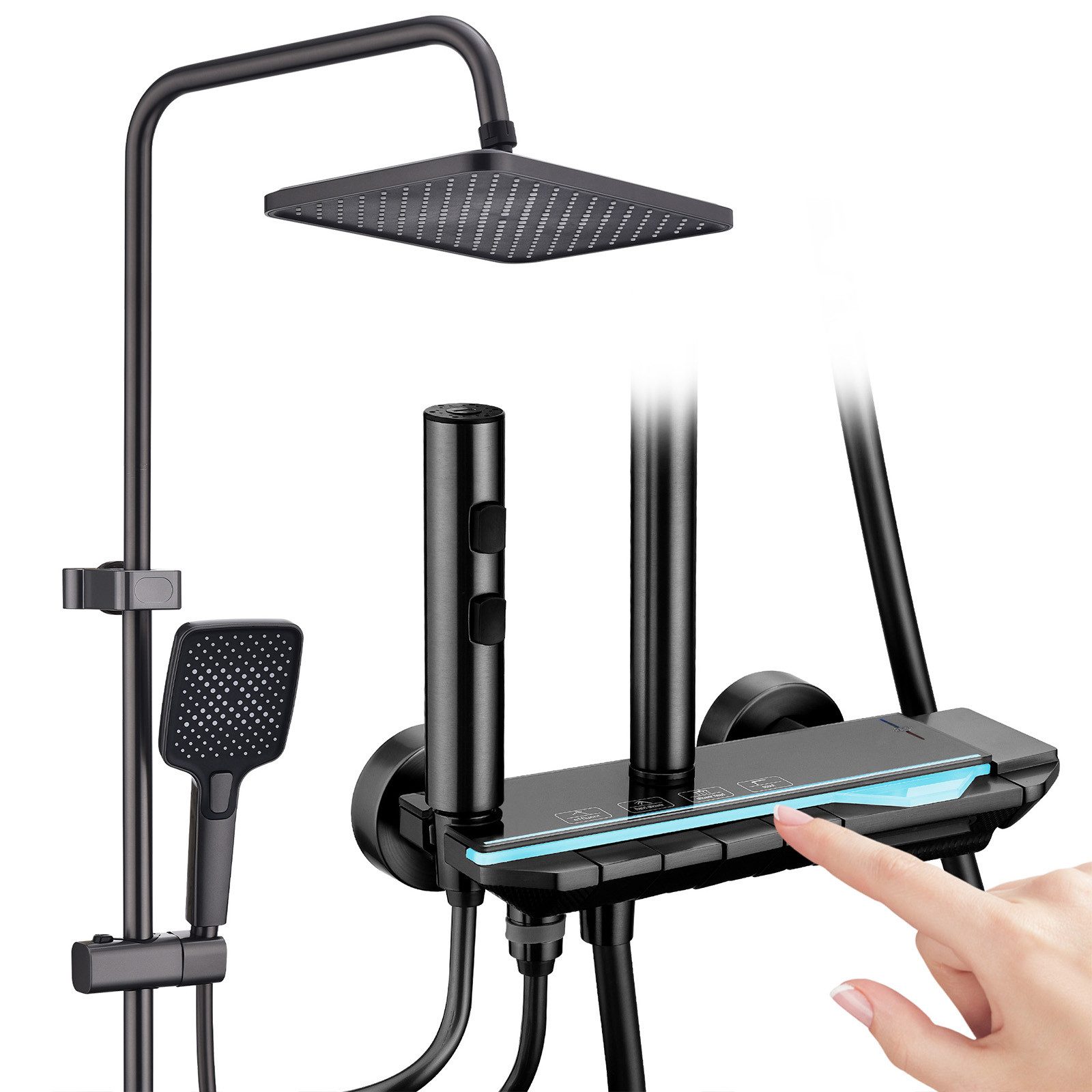HOMELODY Duschsystem Duschsäule Massagedusche, Regendusche, mit Ambiente-Licht, 3 Strahlart(en), Set, mit Handbrause,mit Wasserfallauslauf,Schwarz