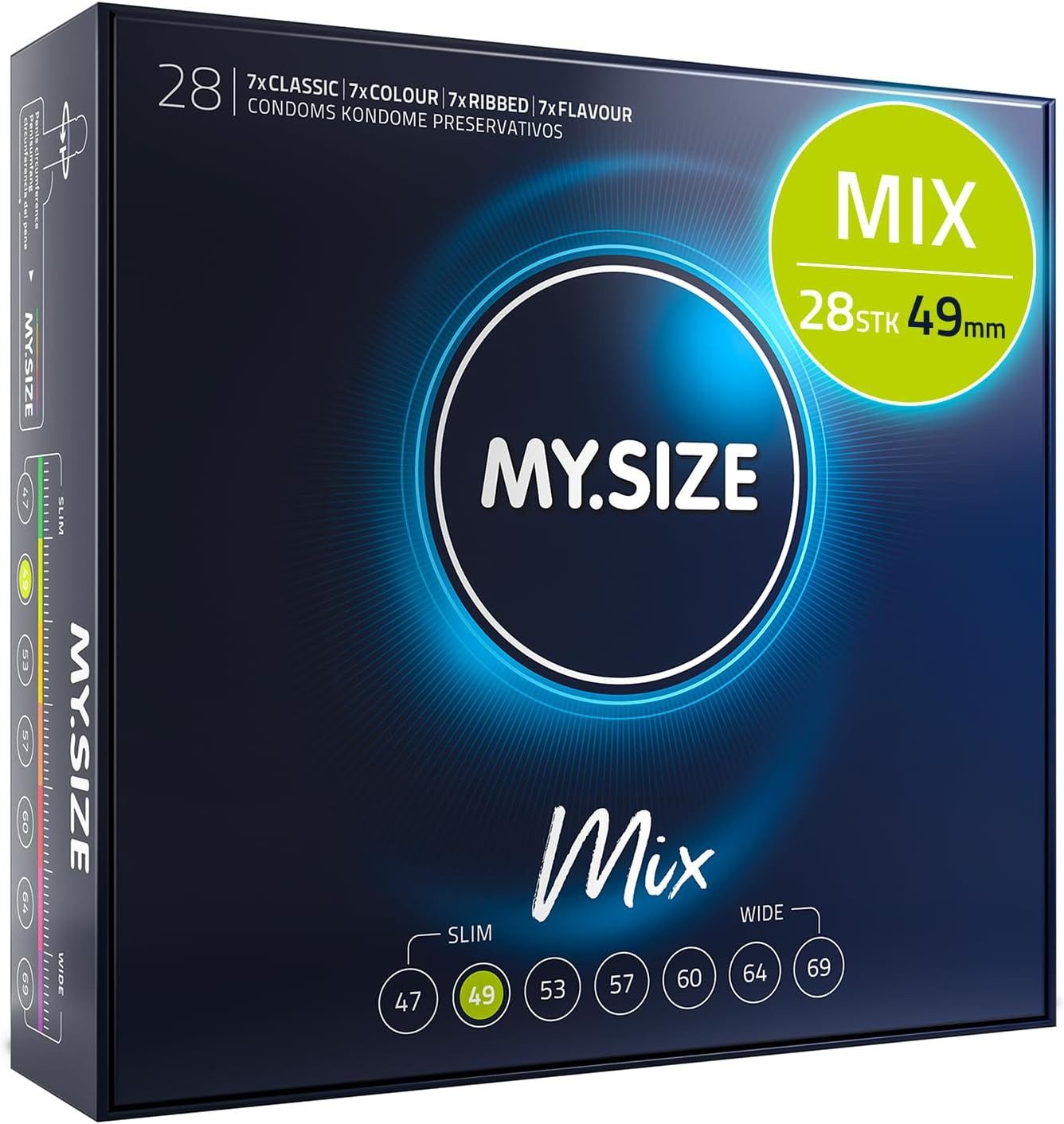MY.SIZE Kondome Mix, gemischte Kondome in individueller Passform, blaue, rote mit Erdbeeraroma, gerippt, classic