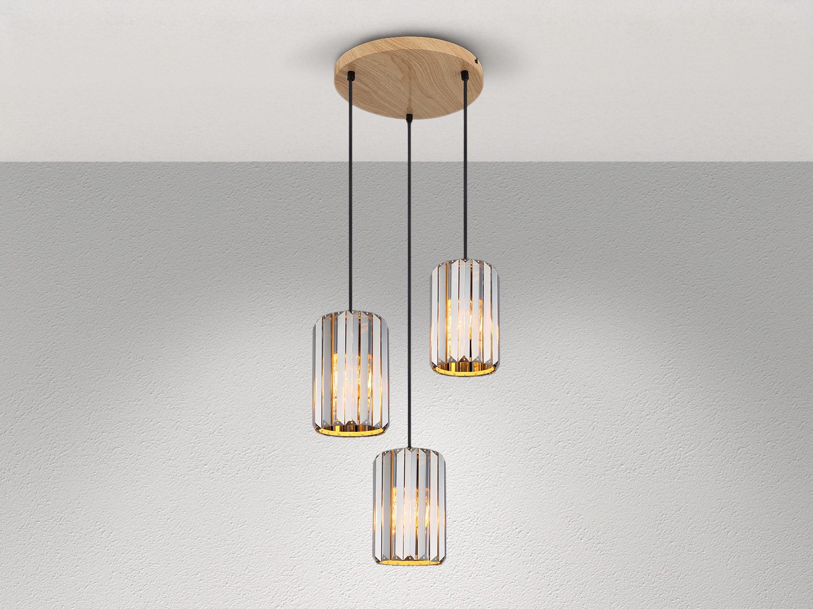 NOWA LED Pendelleuchte Schirme aus Rauchglas Kristall Ø 35cm, Dimmfunktion, LED wechselbar, Warmweiß, Hänge-Lampe dreiflammig über Esstisch hängend, inkl. Leuchtmittel