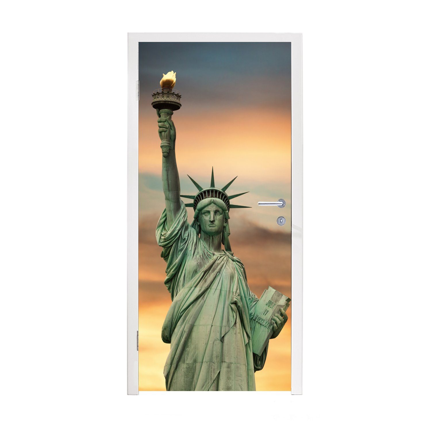 MuchoWow Türtapete New York - Freiheitsstatue - Sonnenuntergang, Matt, bedruckt, (1 St), Fototapete für Tür, Türaufkleber, 75x205 cm