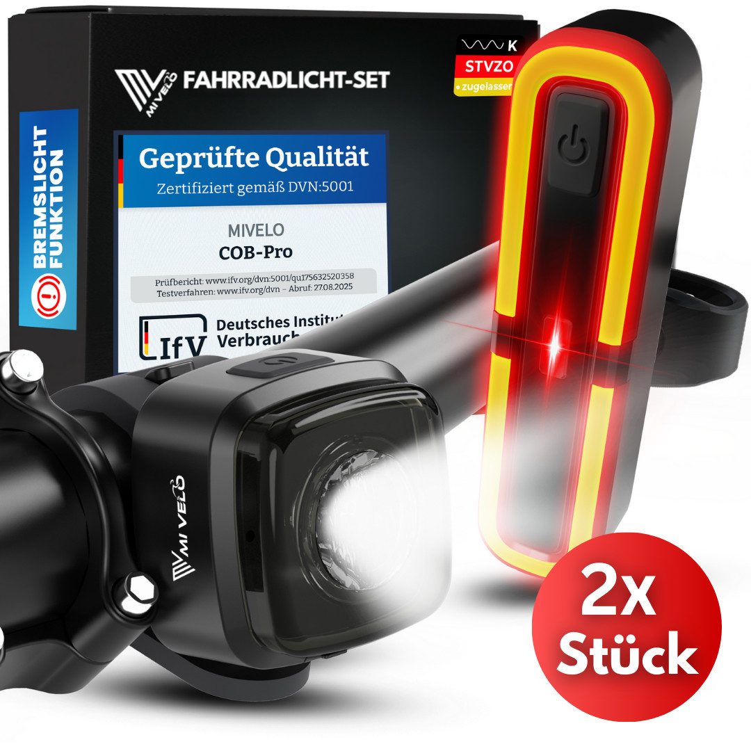 MIVELO Fahrradbeleuchtung MiVelo COB Pro Fahrradlicht LED Set – Frontlicht, Rücklicht oder Set, StVZO zugelassen, Rücklicht mit Bremsfunktion wählbar